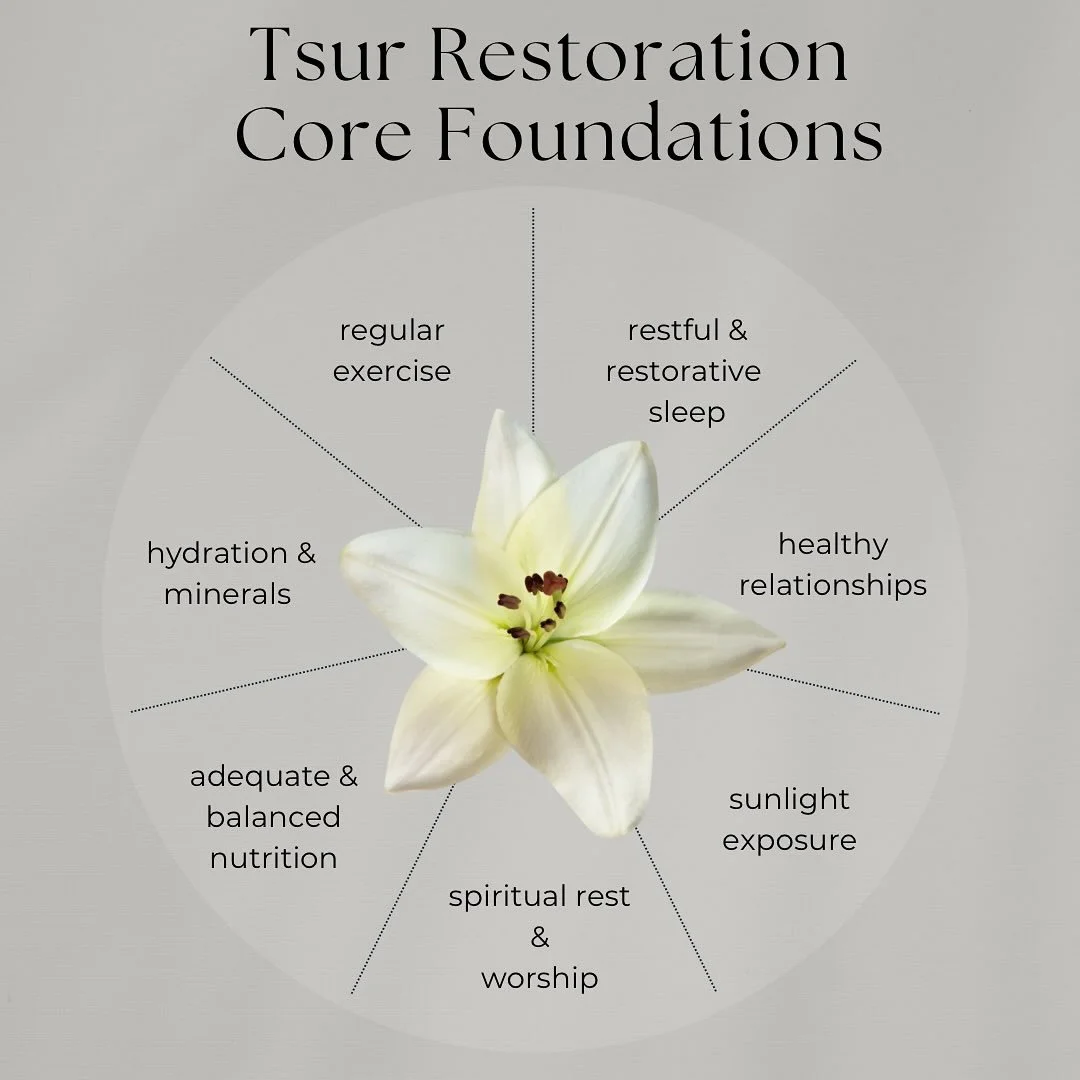 At Tsur Restoration Wellness, we believe true healing begins with the foundations. Before creating a personalized treatment plan or reviewing lab results, we always ensure that our clients are rooted in the Core Foundations of health&mdash;restful sl