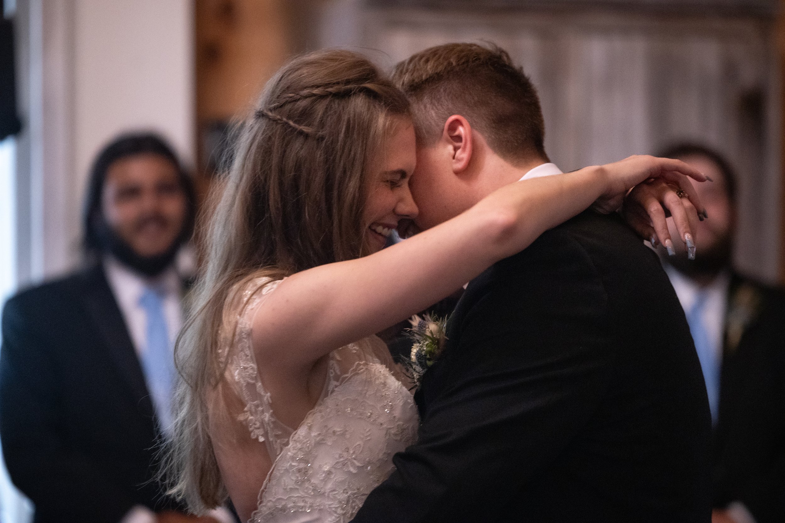 Bride and groom share some laughs during their first dance at Five Bridge Inn in Rehoboth, Massachusetts.