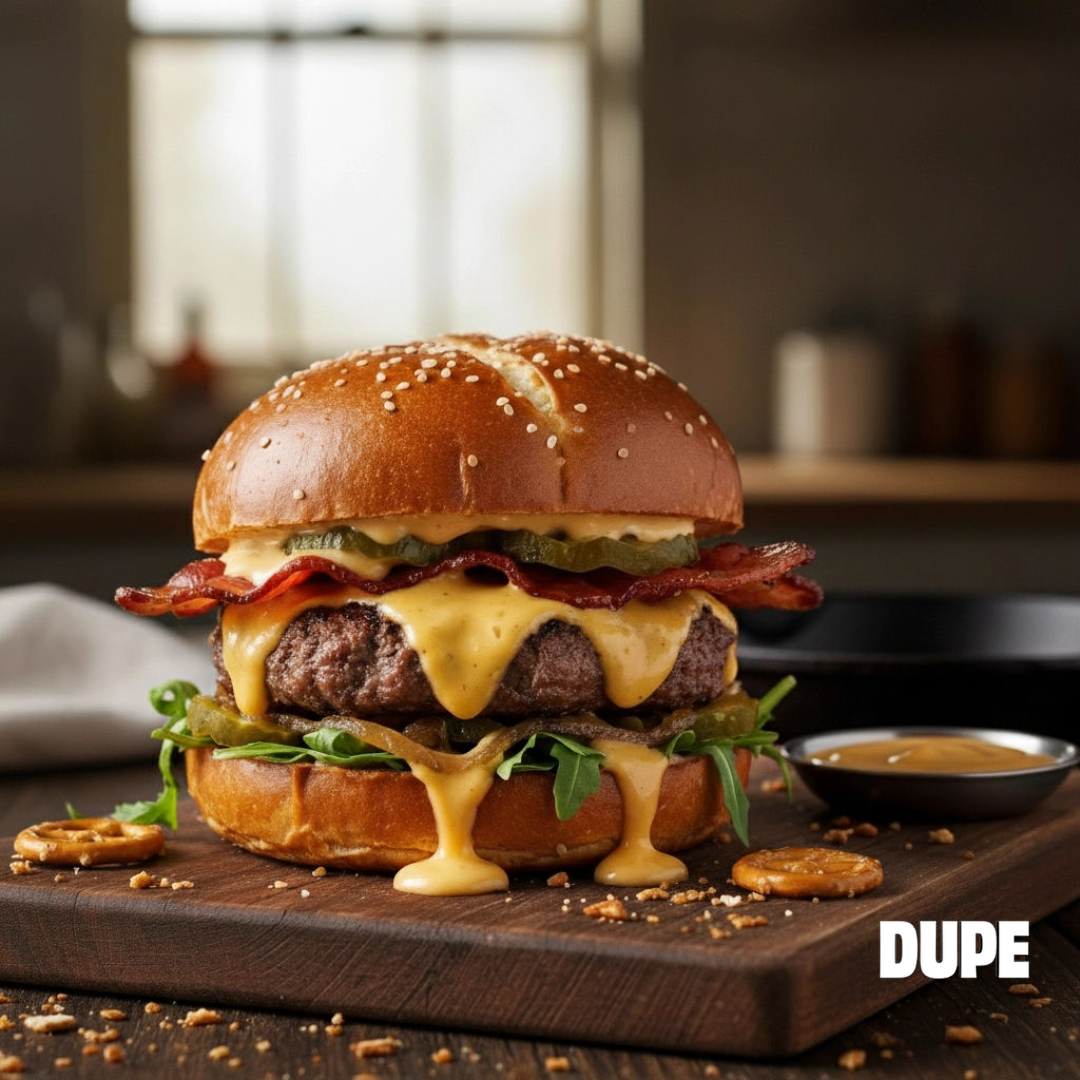 Wendy's Bacon Pub Inspired Burger with melting cheese running down the patty sitting on a wooden cutting board