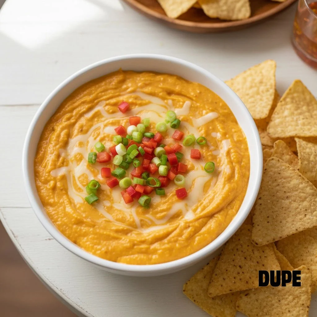 pumpkin queso in a white bowl on a table with tortilla chips next to it