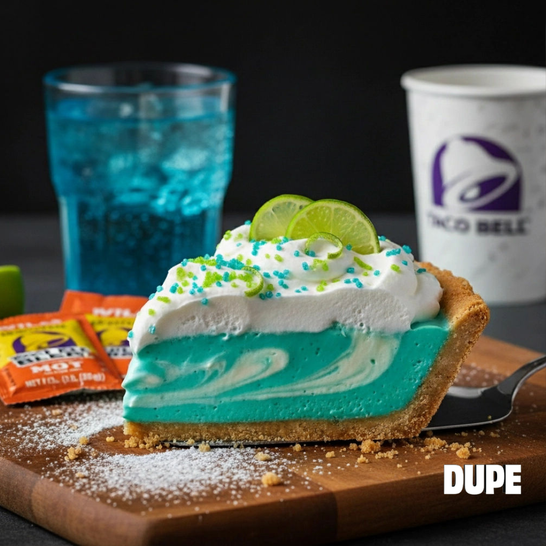blue and white pie with whipped cream garnished with lime slices sitting on a brown plate. Taco Bell baja blast in a glass in the background near a taco bell branded cup and orange hot sauce packets