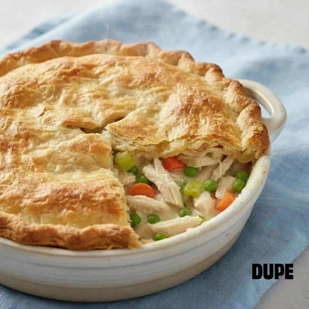 chicken pot pie in ceramic dish with Dupe logo