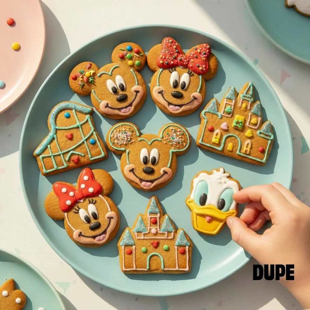 various disney themed gingerbread cookies on a turquoise plate on a white table