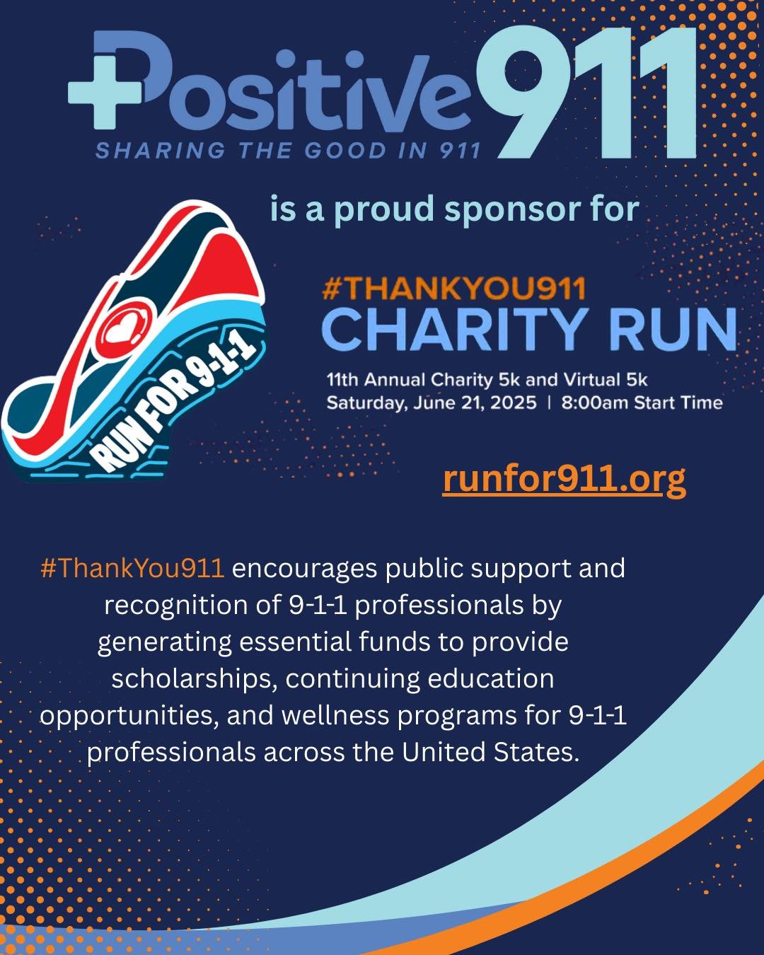 ๐ฃ Positive 911 is a Proud Sponsor of the 2025 Run for 9-1-1! ๐ฃ
We’re thrilled to support the annual Run for 9-1-1, a charity 5K run/walk and virtual race benefiting #ThankYou911—an initiative by the National Emergency Number Associatio