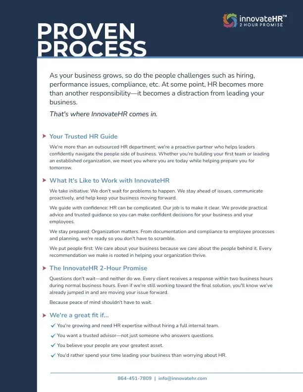 Back of flyer included in branding refresh, titled 'Proven Process' from innovateHR, outlining HR services including trusted HR guidance, working with innovateHR, the 2-hour promise, and client benefits.