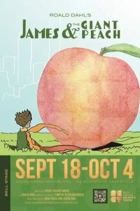 Front of 4x6 Postcard for "James & the Giant Peach" showing a large peach with a boy sitting on the ground next to it, dates September 18 to October 4, and event details.