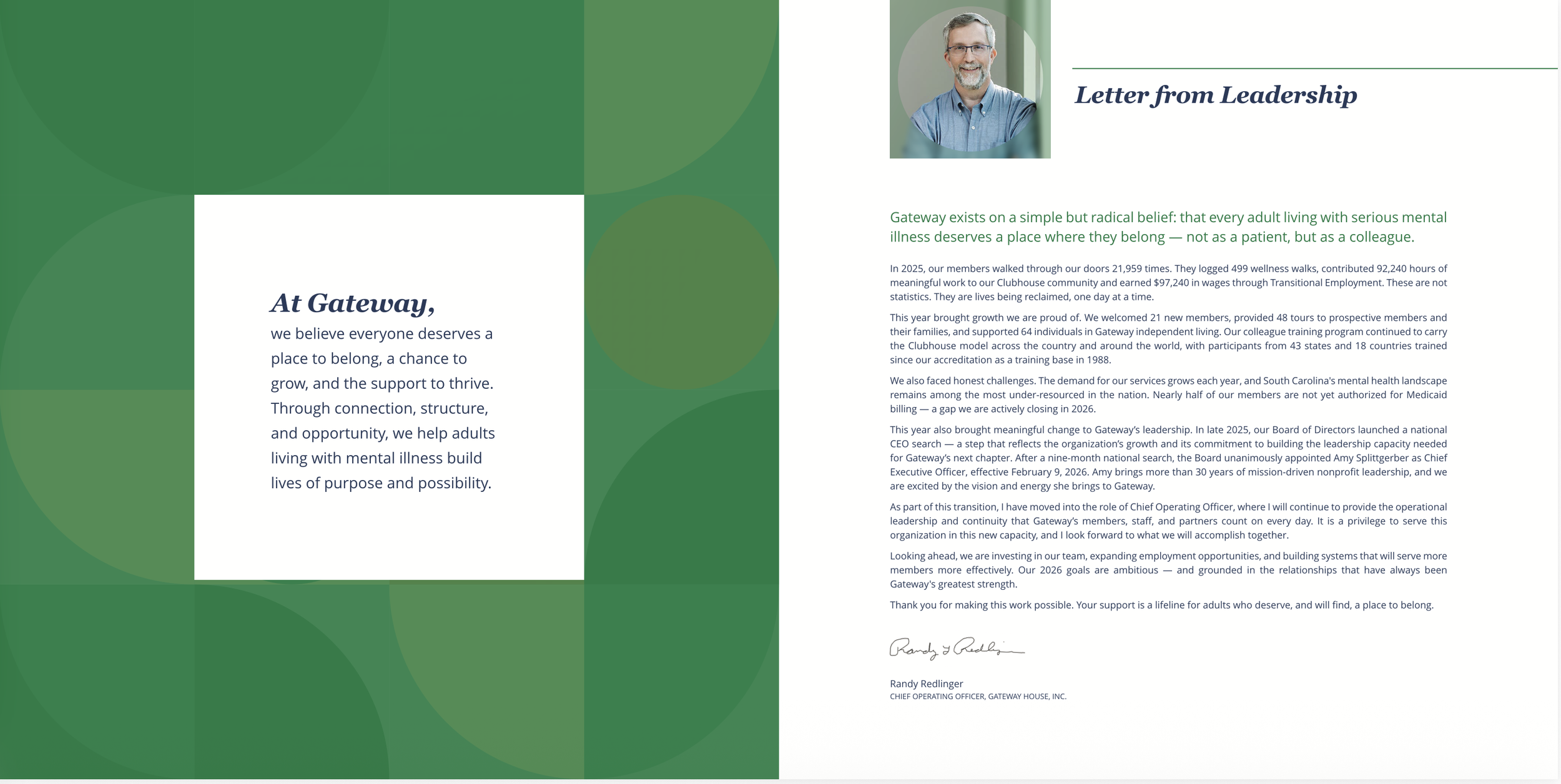 Interior Spread of Gateway Annual Report that includes aletter from leadership with a photo of a smiling man wearing glasses and a blue shirt in the top right corner.