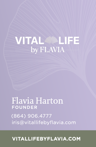 Front side of Business card for Vital Life by Flavia, featuring Flavia Harton, founder, with contact information and website URL.