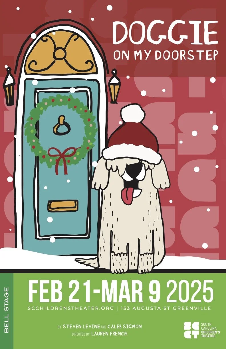 11x17 poster for SCCT production titled 'Doggie on My Doorstep'. It features a cartoon dog wearing a Santa hat, sitting outside a front door decorated with a holiday wreath, with snow falling.