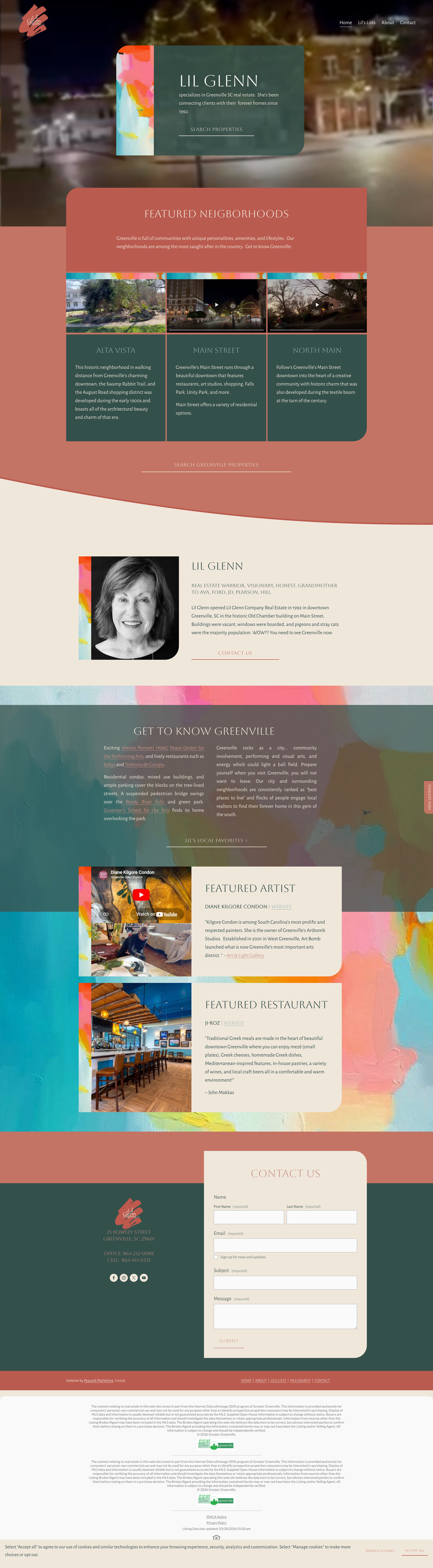 A website homepage for Lil Glenn featuring a colorful abstract design. It includes sections about neighborhoods, her background, Greenville attractions, featured artists, and restaurants, with a contact form at the bottom and social media icons.