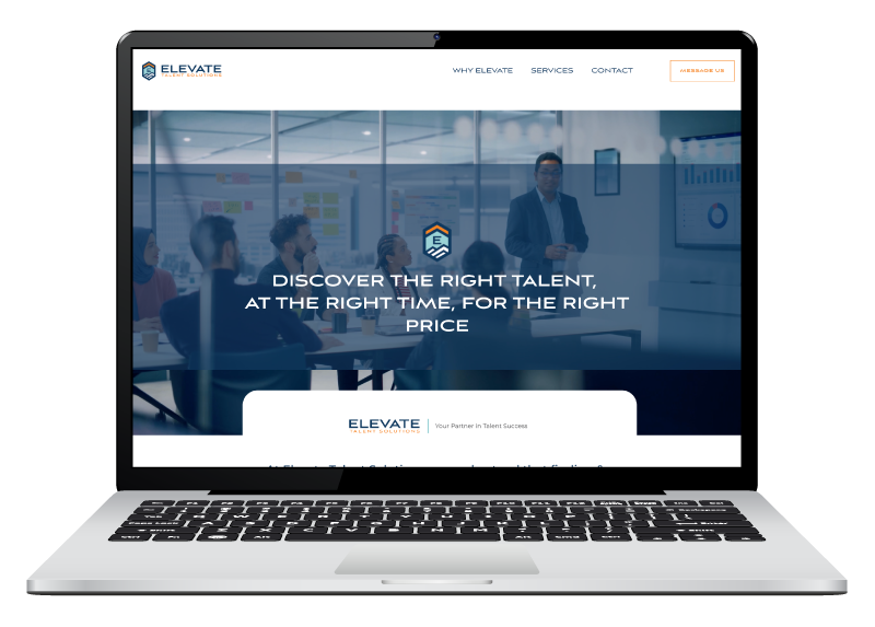 Laptop screen displaying a website for Elevate Talent Solutions with a business presentation in a conference room background.