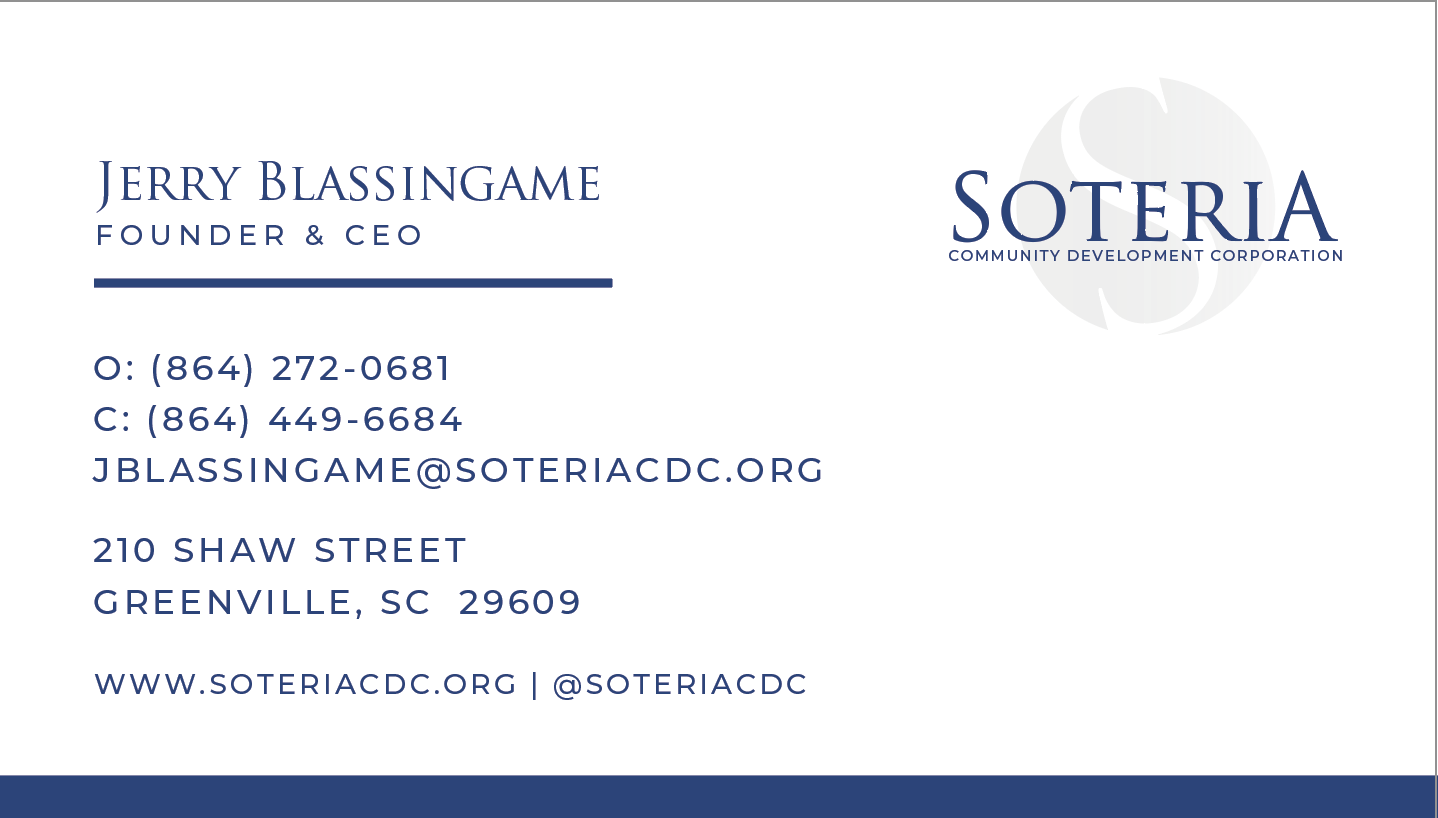 Business card for Jerry Blassingame, Founder & CEO of Soteria Community Development Corporation, with contact information including phone numbers, email, and address in Greenville, SC.