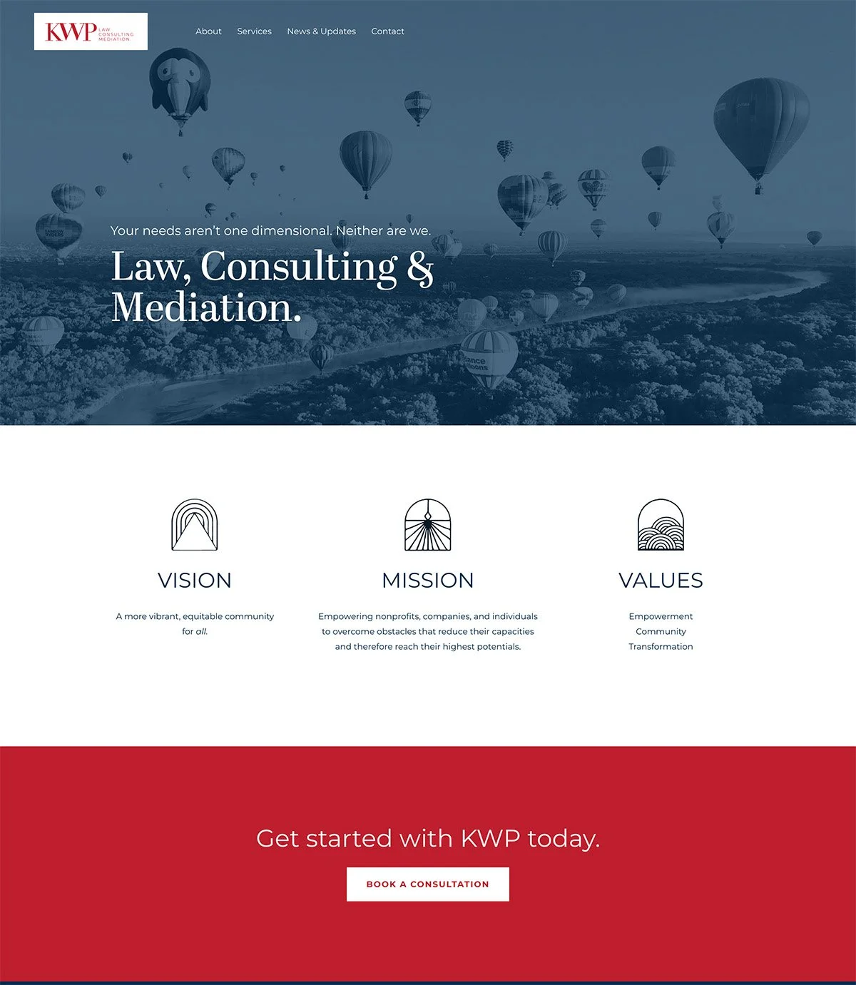 Homepage of a law consulting and mediation website with a background image of hot air balloons in the sky over a landscape, navigation menu at the top, and sections titled Vision, Mission, and Values.