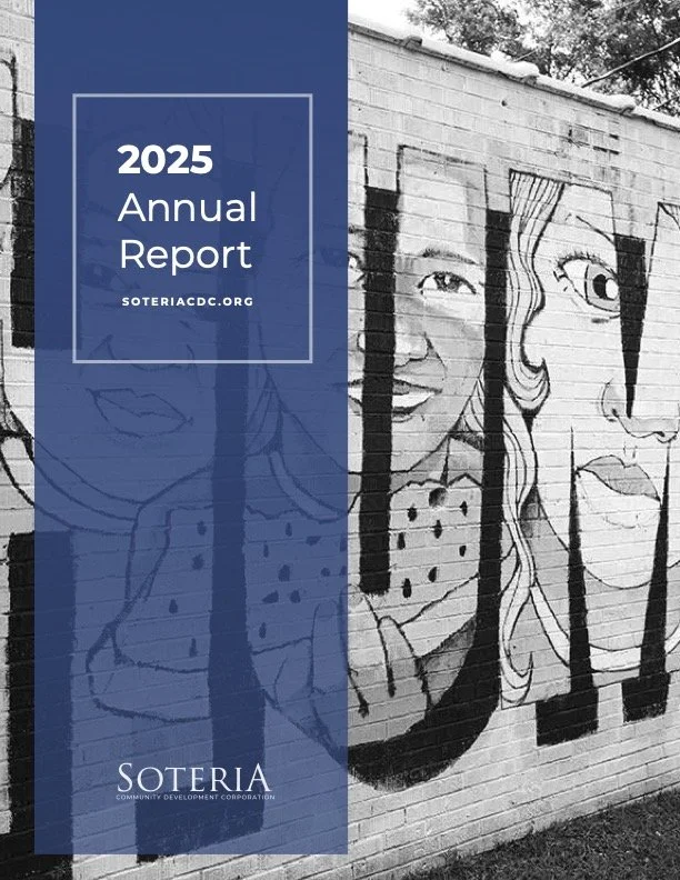 The cover of a 2025 annual report by Soteria Community Development Corporation featuring black and white mural art of diverse women's faces on a brick wall, partially covered by a blue transparent overlay with report title.