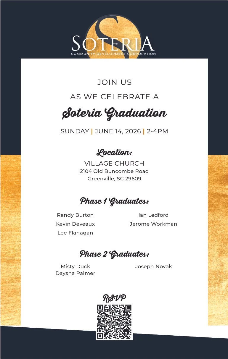 Invitation to a Sotera graduation celebration on June 14, 2026, from 2 to 4 PM at Village Church, Greenville, South Carolina, with names of graduates and a QR code for RSVP.