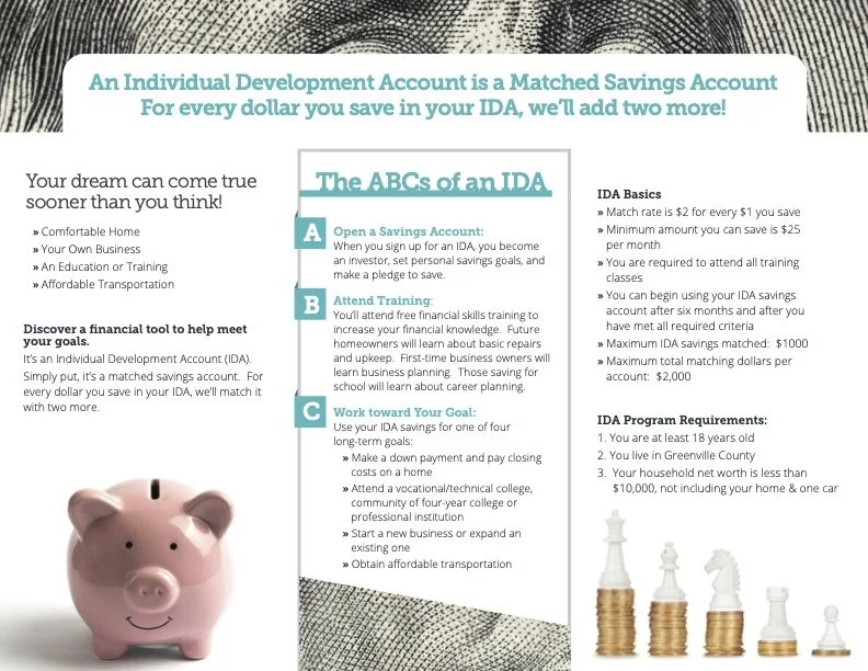 Inside spread of Soteria trifold about Individual Development Account (IDA) with sections on opening a savings account, attending training, and working toward goals, featuring a pink piggy bank.