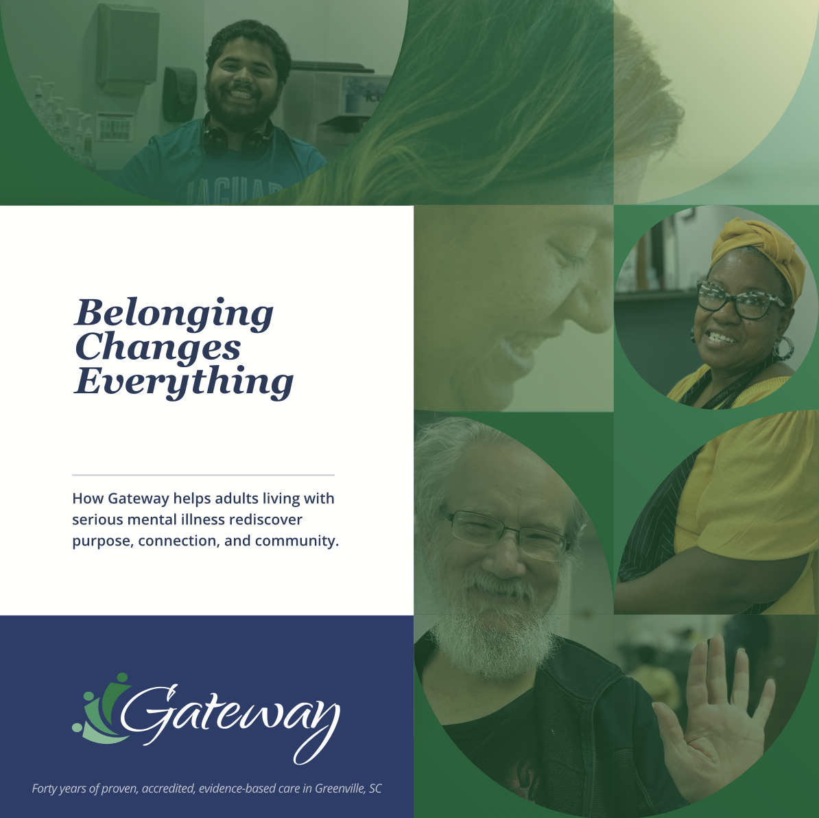 Brochure Cover for Gateway mental health services with pictures of diverse adults and the quote 'Belonging Changes Everything'.