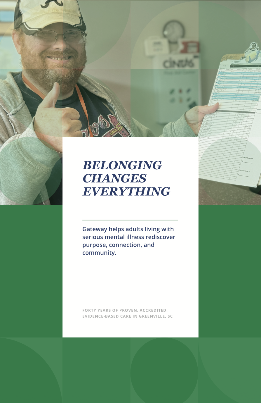 Cover of Gateway mini-brochure.  A smiling man in glasses and a baseball cap giving a thumbs up while holding a clipboard. The image promotes a mental health program called Belonging Changes Everything.