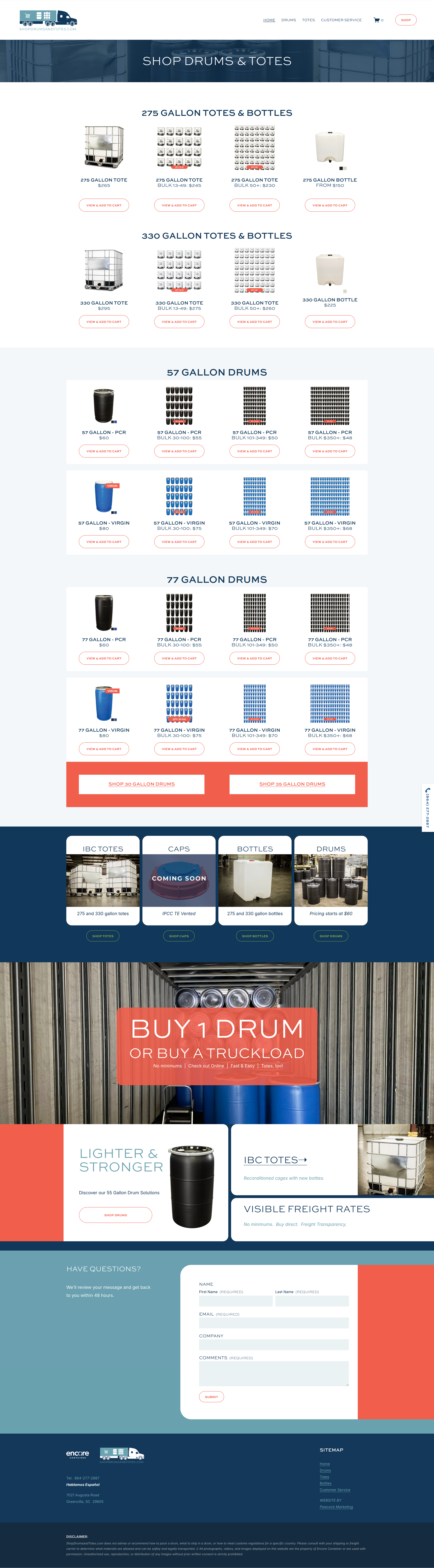 Screenshot of a website selling drums and totes, with sections listing different sizes of totes and drums, and an option to buy a drum or truckload, along with navigation menus and informational sections.