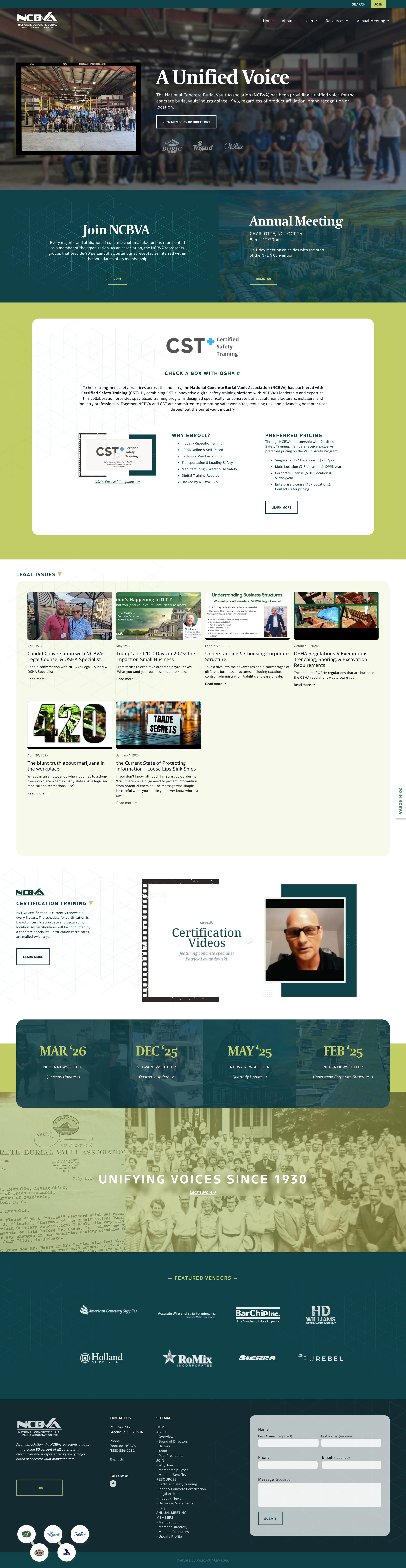 Screenshot of the NCBVA website homepage featuring an image of a large group of people, with sections about their mission, annual meeting, safety training, legal issues, certification videos, upcoming events, and featured vendors.