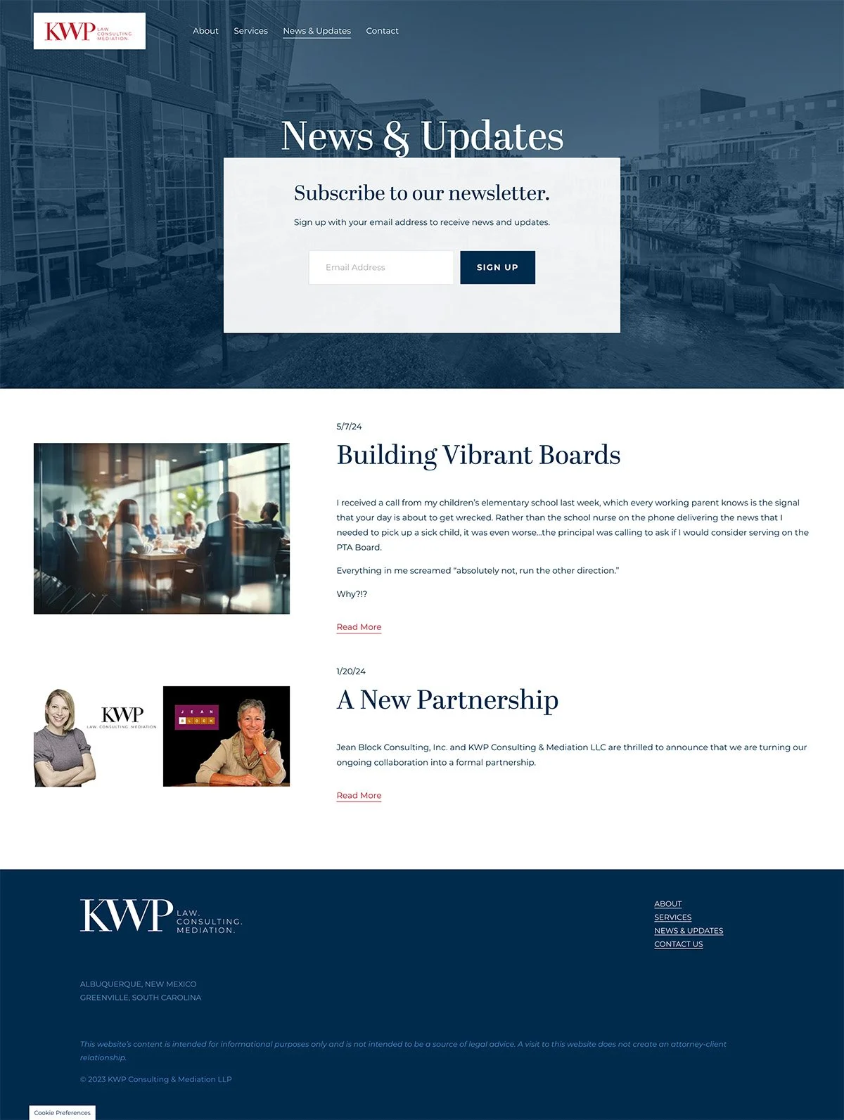 Law consulting and mediation website homepage featuring news and updates, a newsletter subscription form, and articles about community and business partnership.