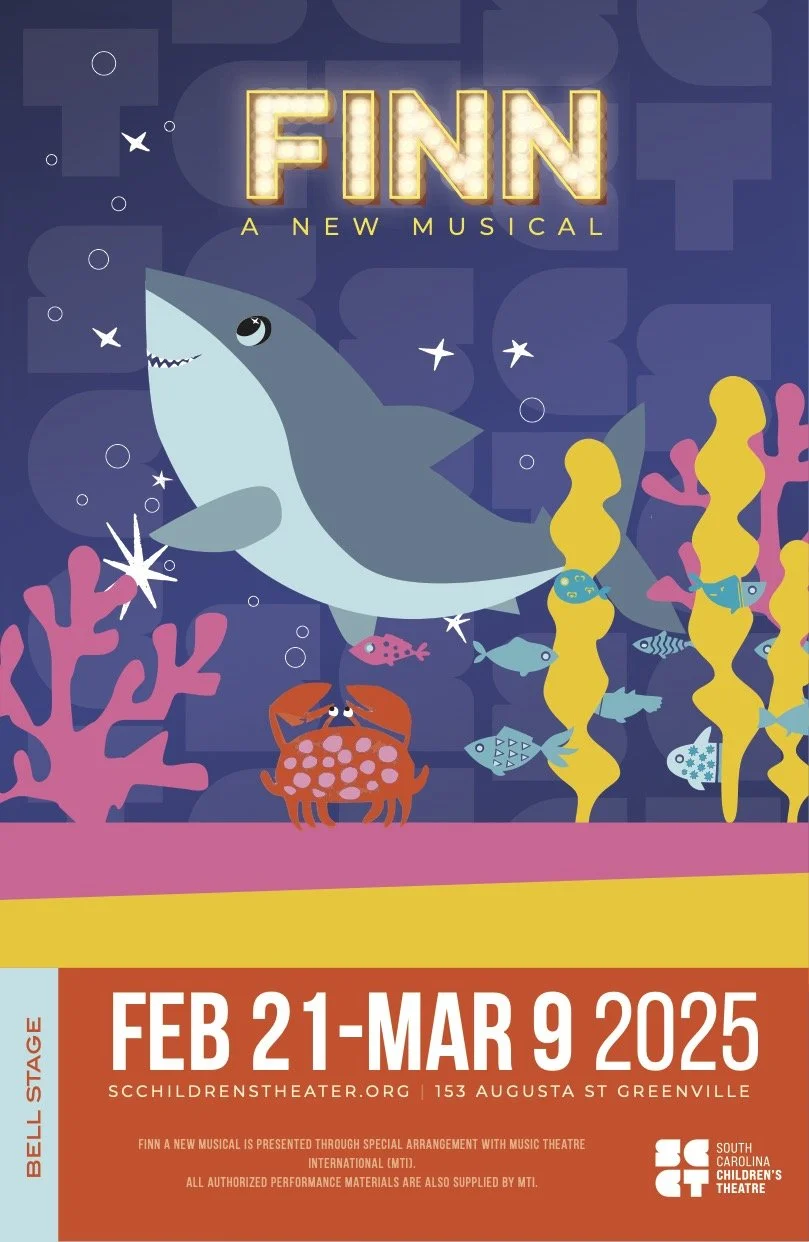 11x17 Poster for the musical 'Finn' with an underwater scene featuring a large shark, assorted fish, a red crab, pink coral, yellow seaweed, and bubbles, along with the dates February 21 to March 9, 2025, and location details.
