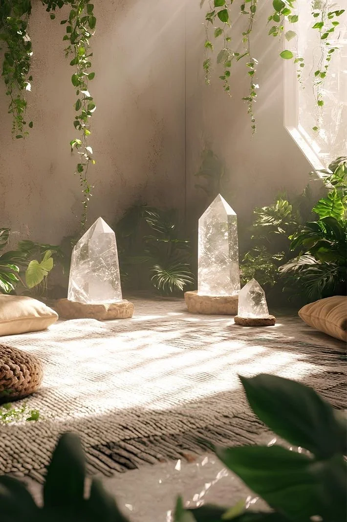 clear quartz crystals and plants in a room with a mystical setting