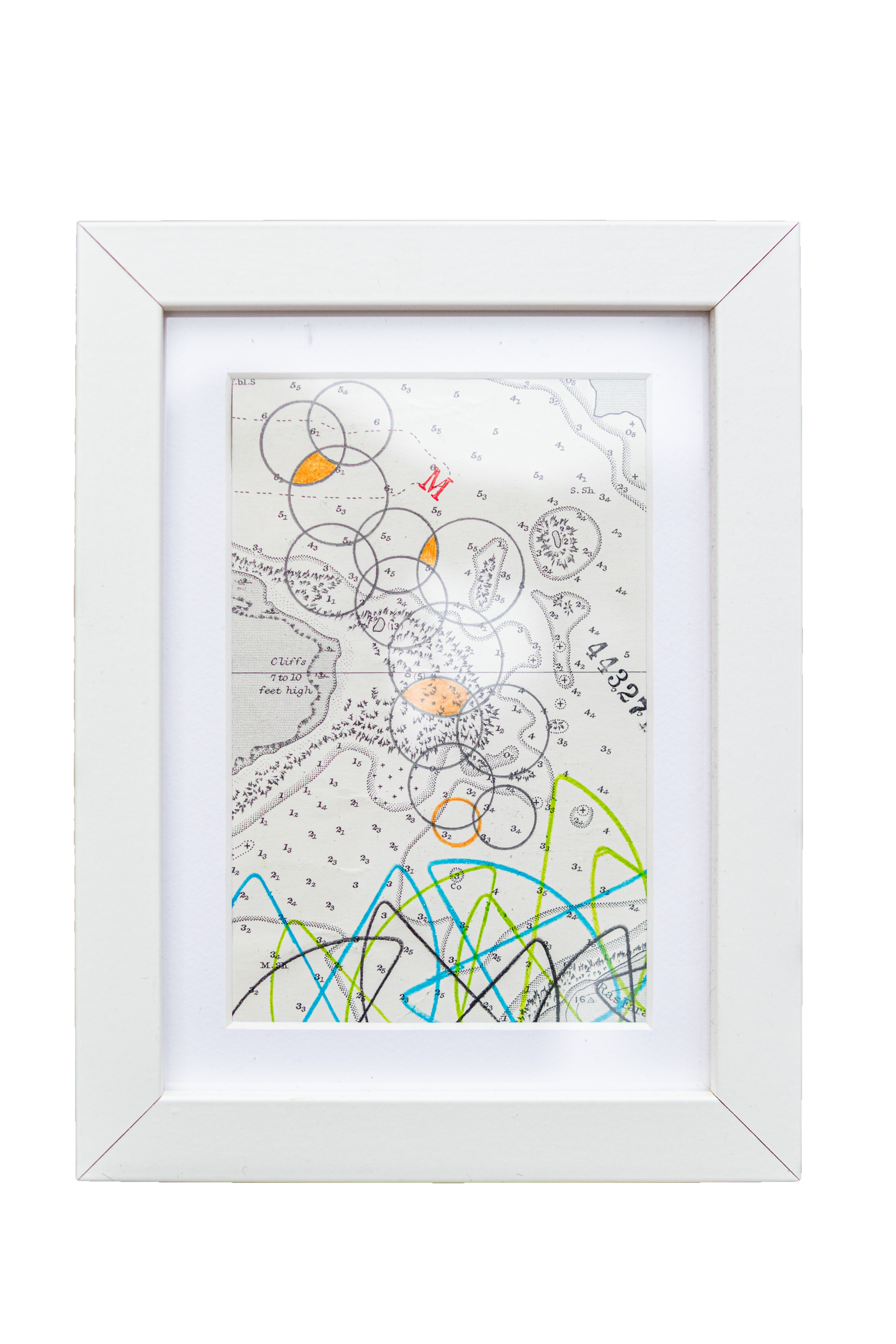 Framed abstract map art with geometric patterns