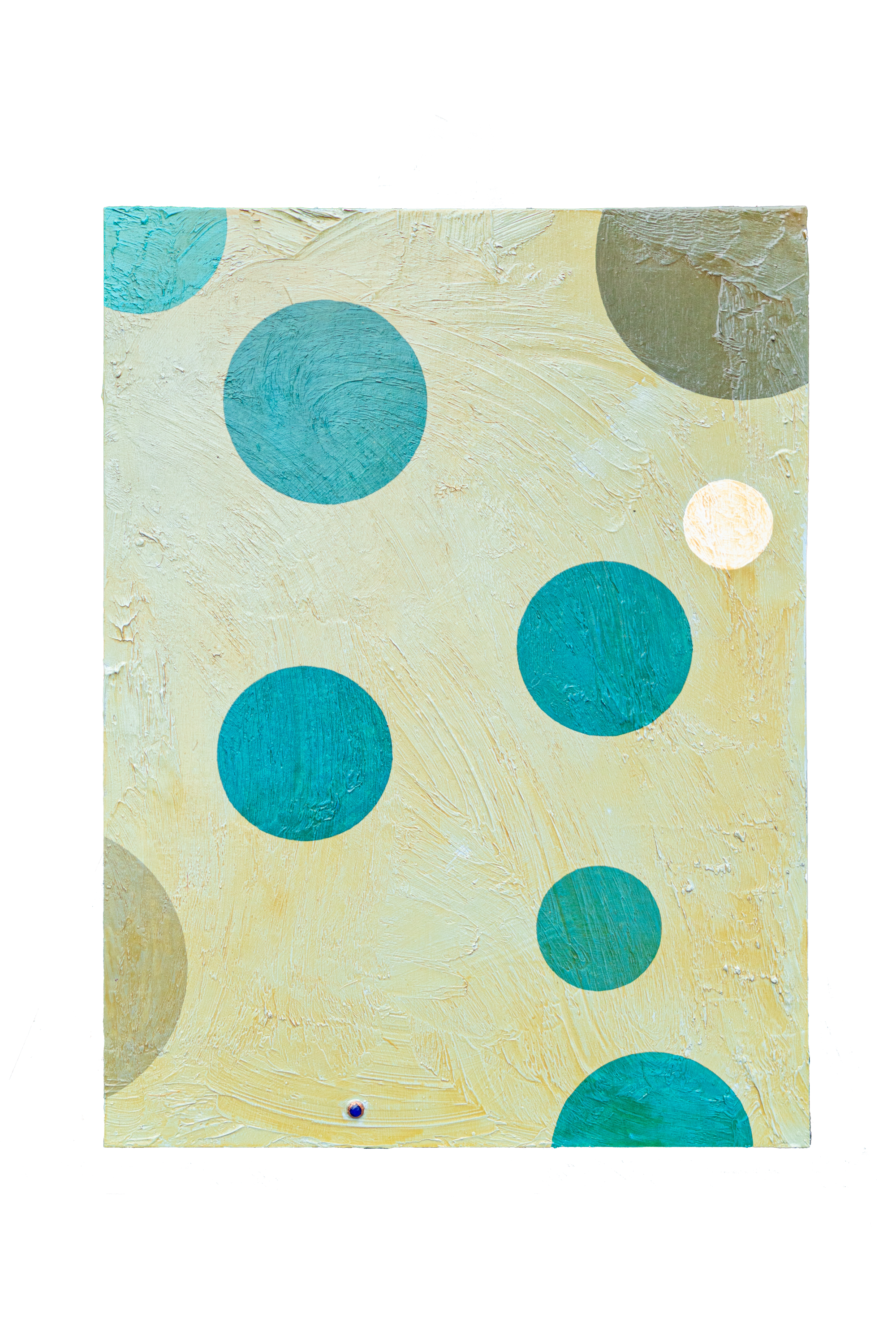 Abstract painting with green circles on a textured yellow background