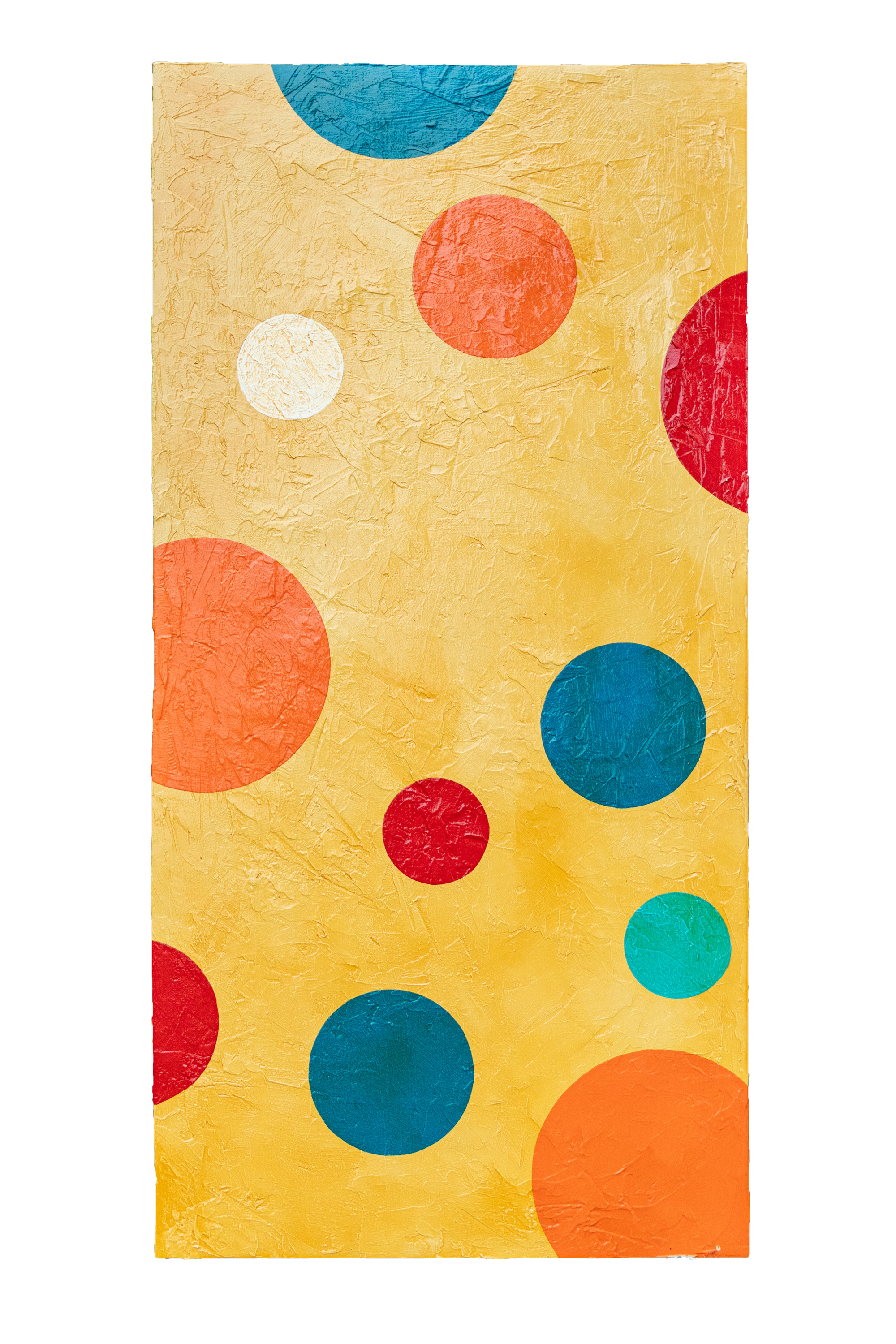 Abstract painting with colorful circles on a textured yellow background.