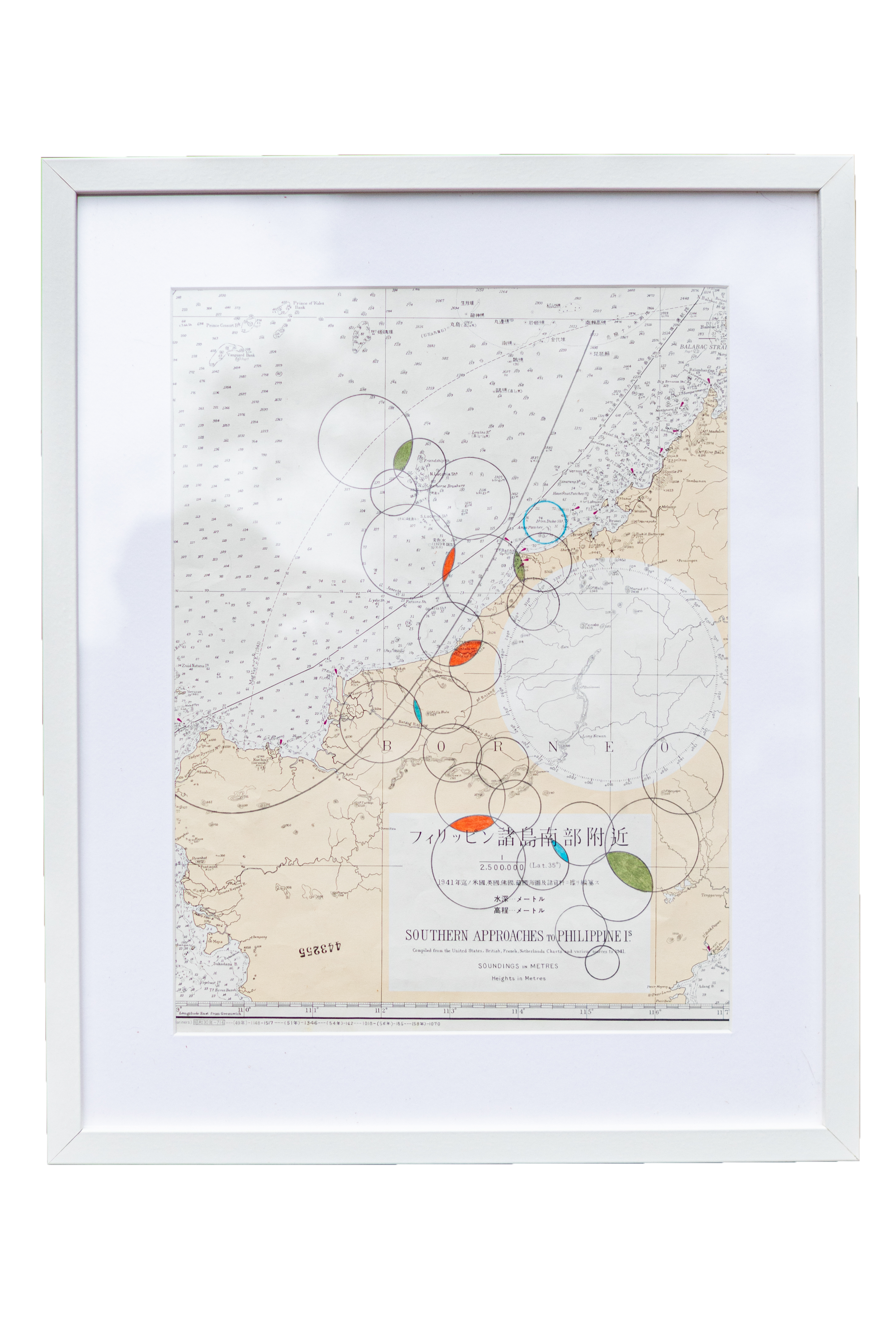 Framed map with abstract colored circles overlaying a geographic area labeled "Southern Approaches to the Philippine Islands."