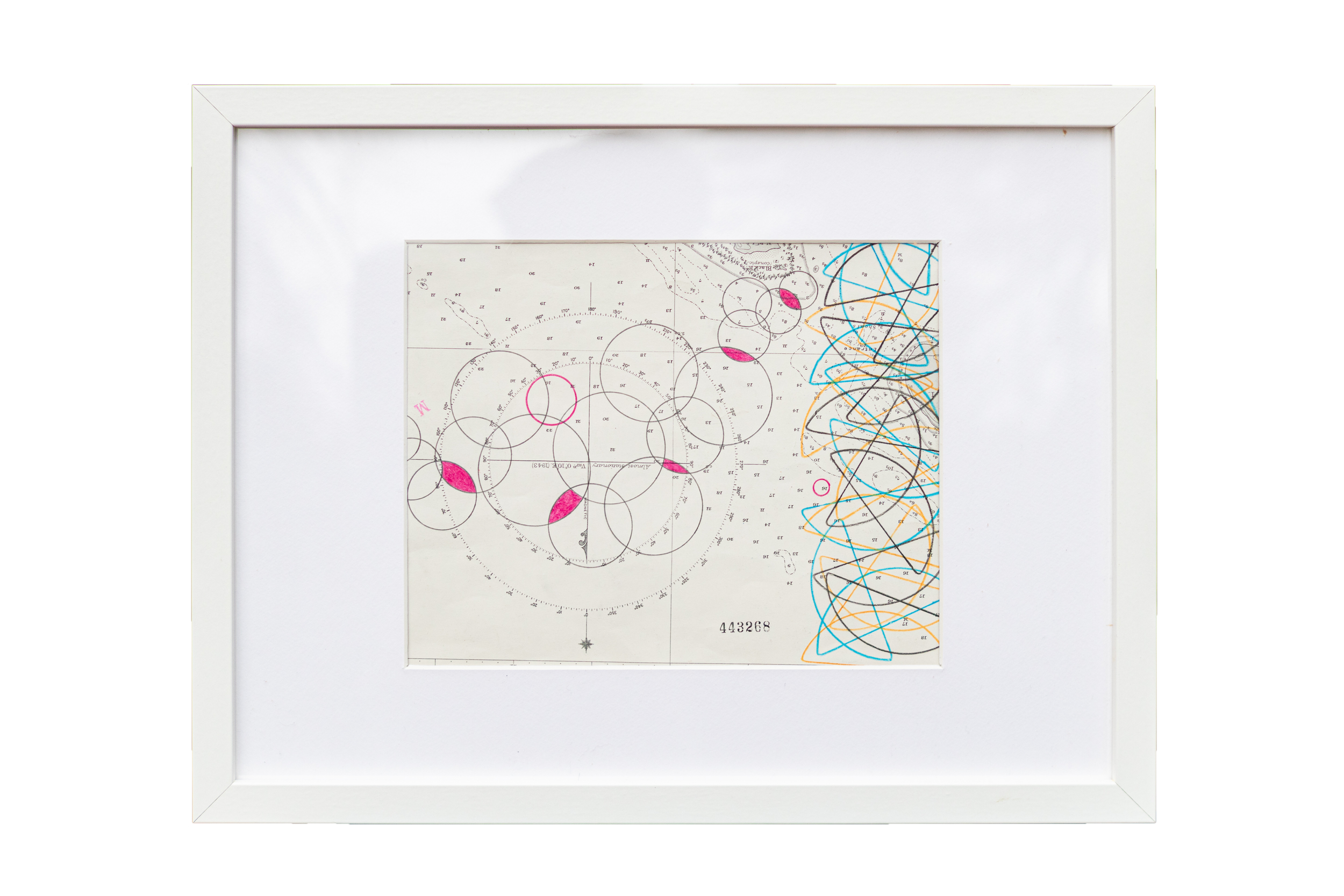 Framed abstract art piece with overlapping circles and colorful lines