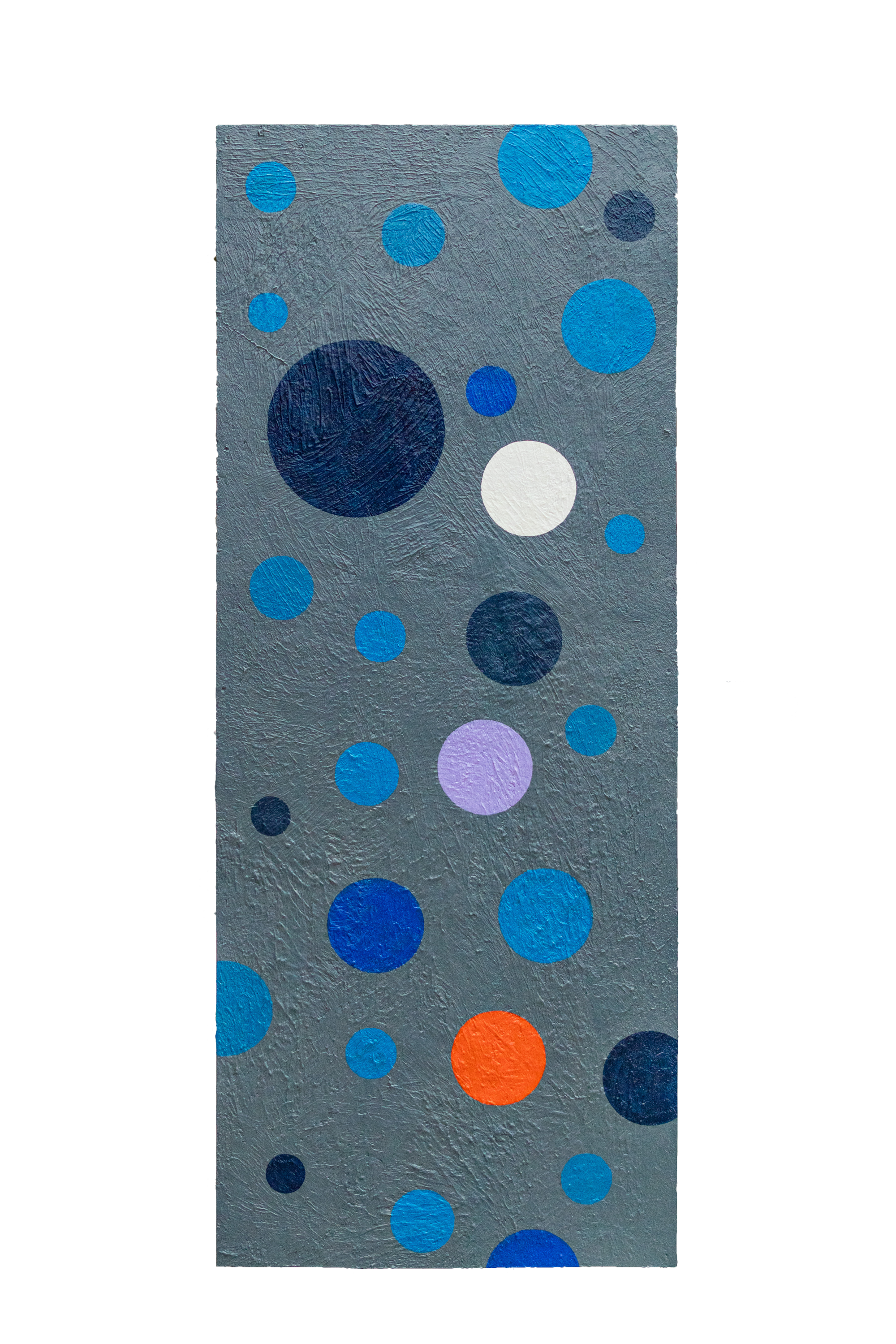 Abstract art with blue, purple, orange, and white circles on a textured gray background.