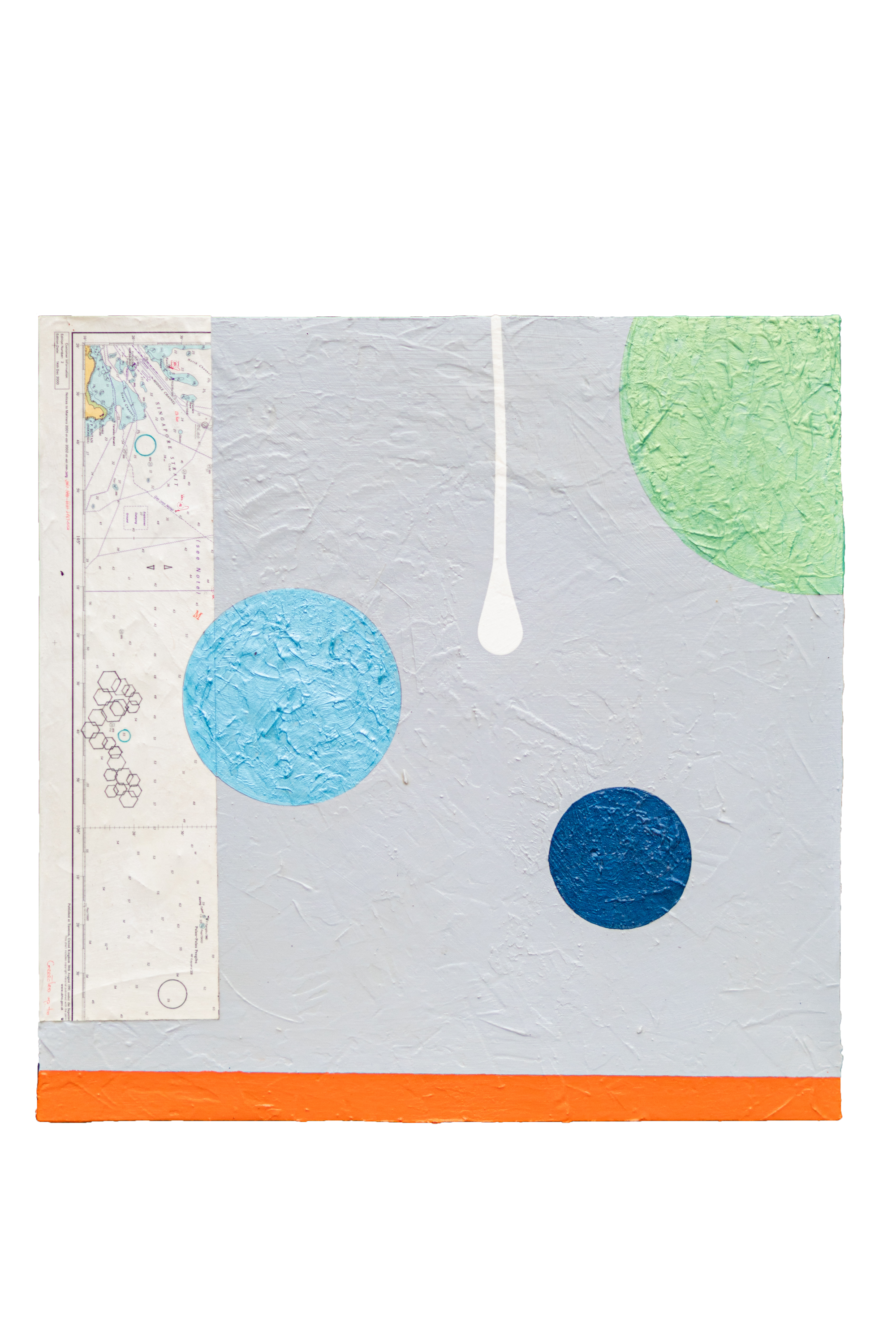 Abstract artwork with textured circles and nautical chart