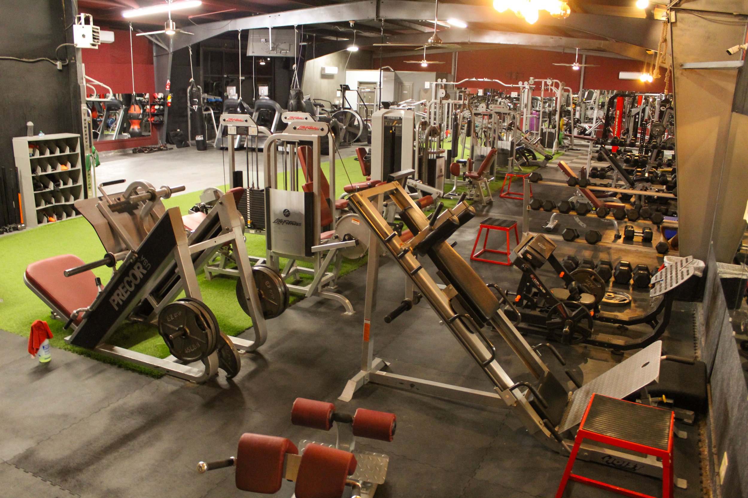 Wide-angle view of a gym featuring a variety of strength training machines, free weights, and functional fitness equipment, set on turf and rubber flooring.