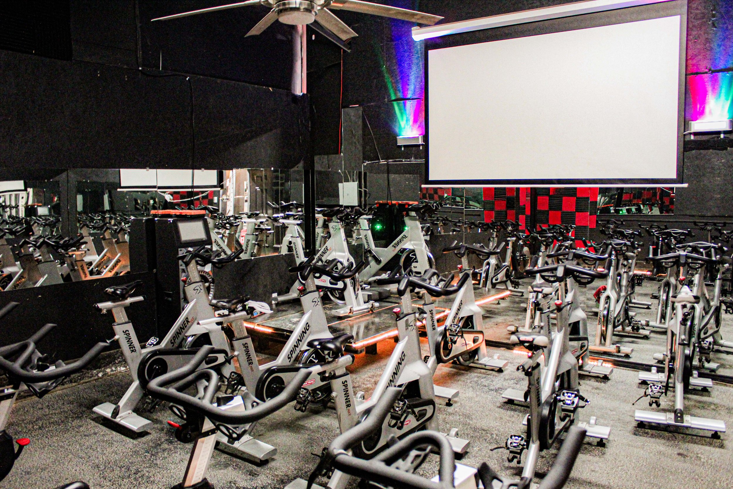 Indoor cycling room featuring rows of Spinner stationary bikes, a large projection screen, mirrored walls, and colorful LED lighting.