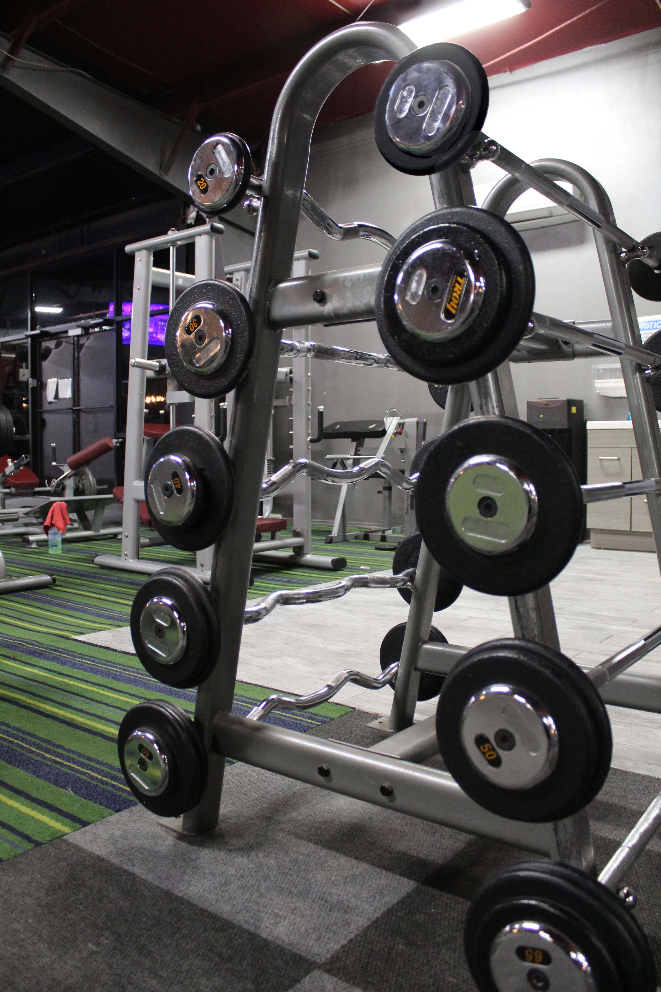 Barbell rack with neatly organized weights ranging from 50 pounds, set in a modern gym with striped green flooring and workout equipment in the background.