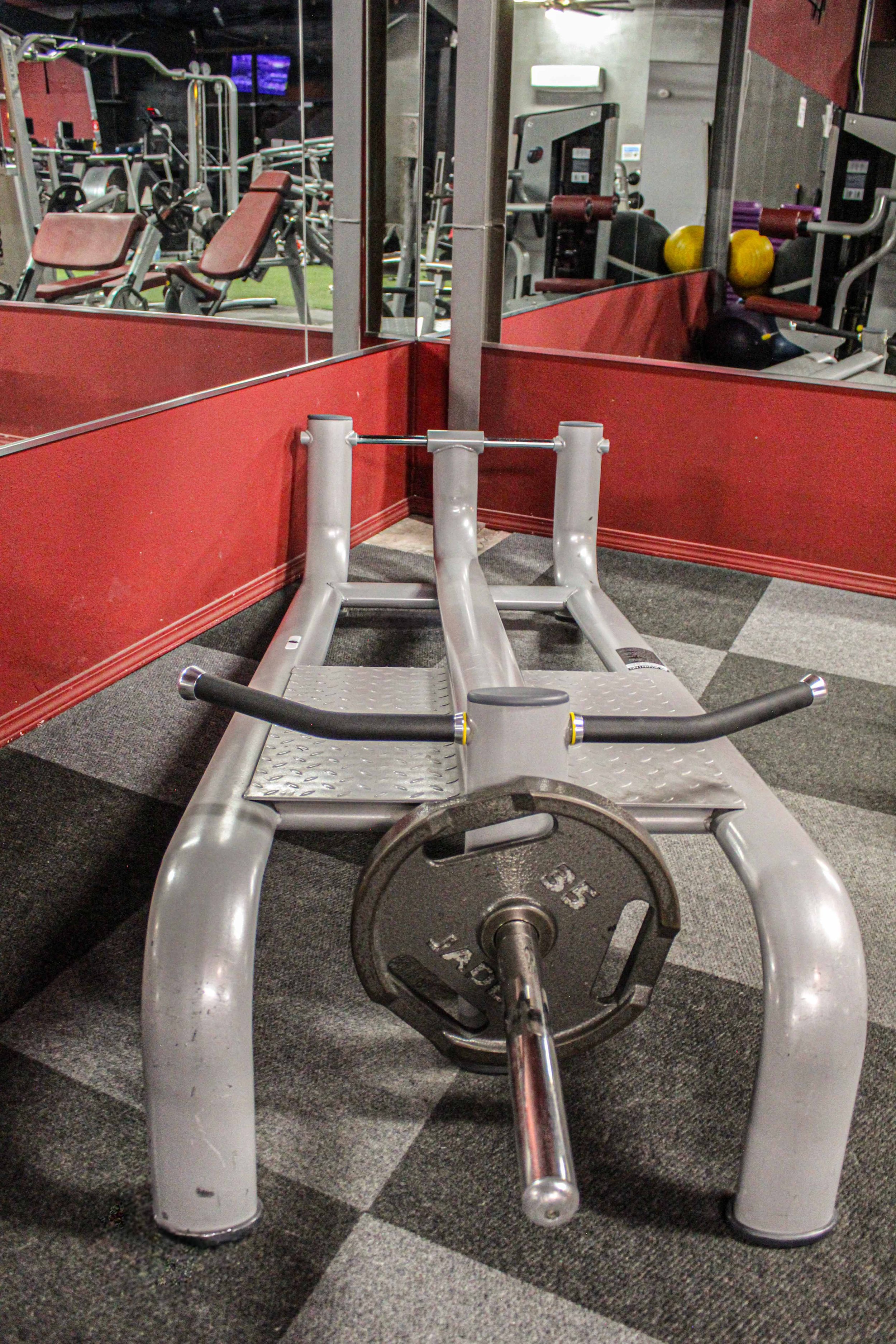 Back row exercise machine with a 35-pound weight plate attached, positioned in a mirrored gym corner with red walls and checkered flooring.