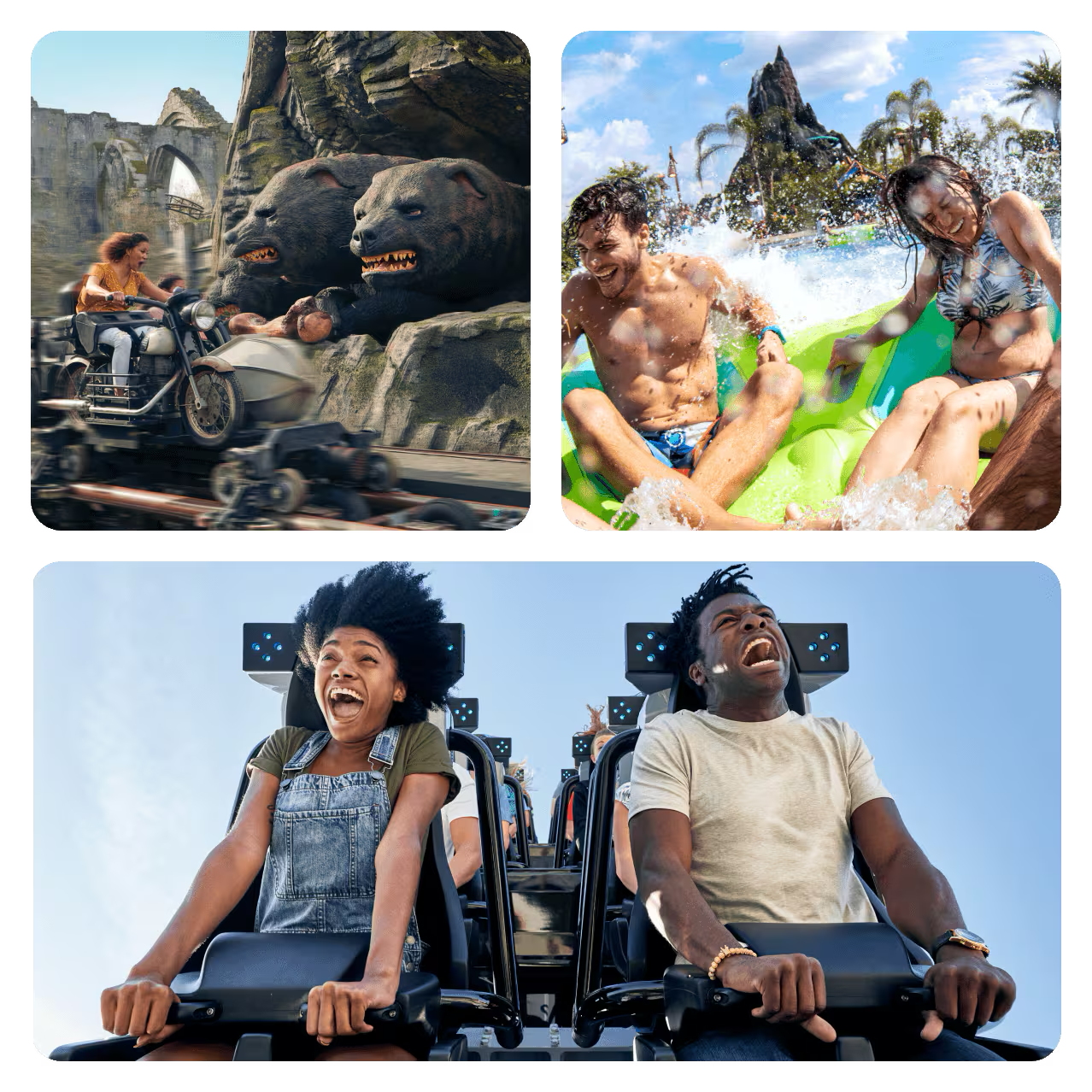 Three images of people on amusement park rides. Top left shows a woman on a motorcycle ride with dragon statues in the background. Top right shows two people on a water slide with a mountain and palm trees in the background. Bottom shows two people on a roller coaster, with the woman smiling and the man screaming, against a clear sky background.