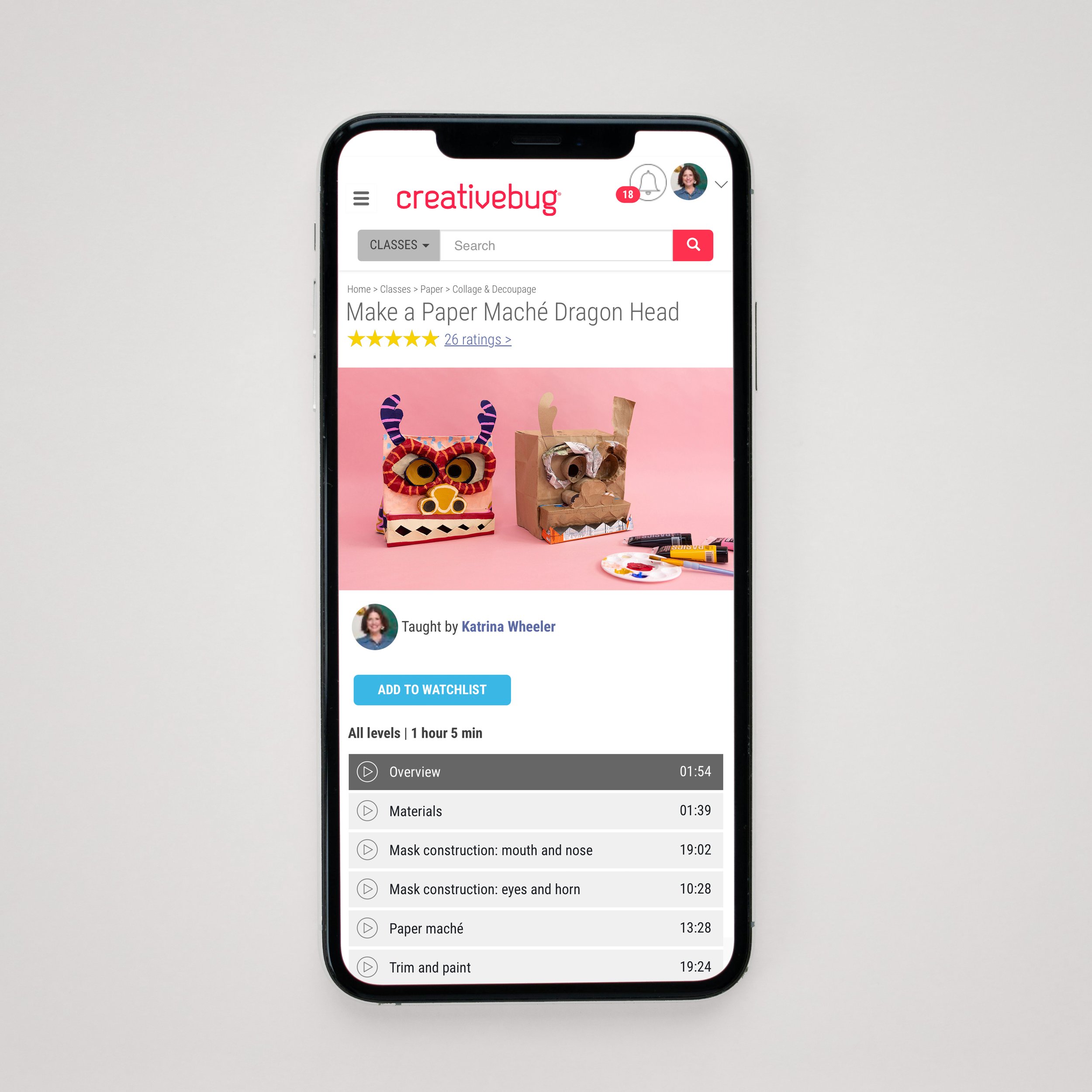 Mobile mockup of Creativebug's class pages featuring Make a Paper Maché Dragon Head with Katrina Wheeler