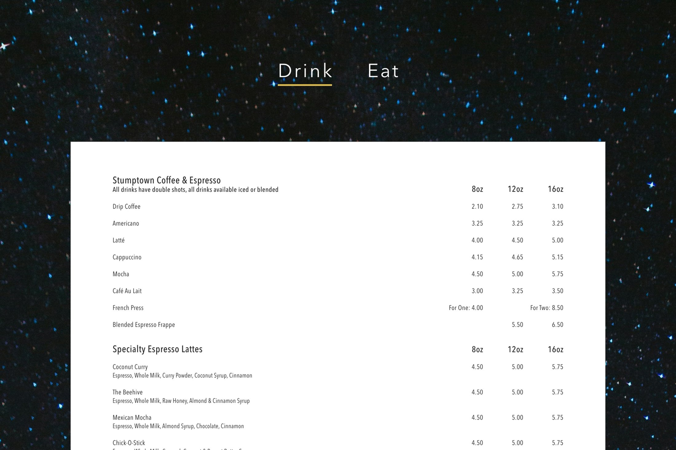 Metallion website drink menu