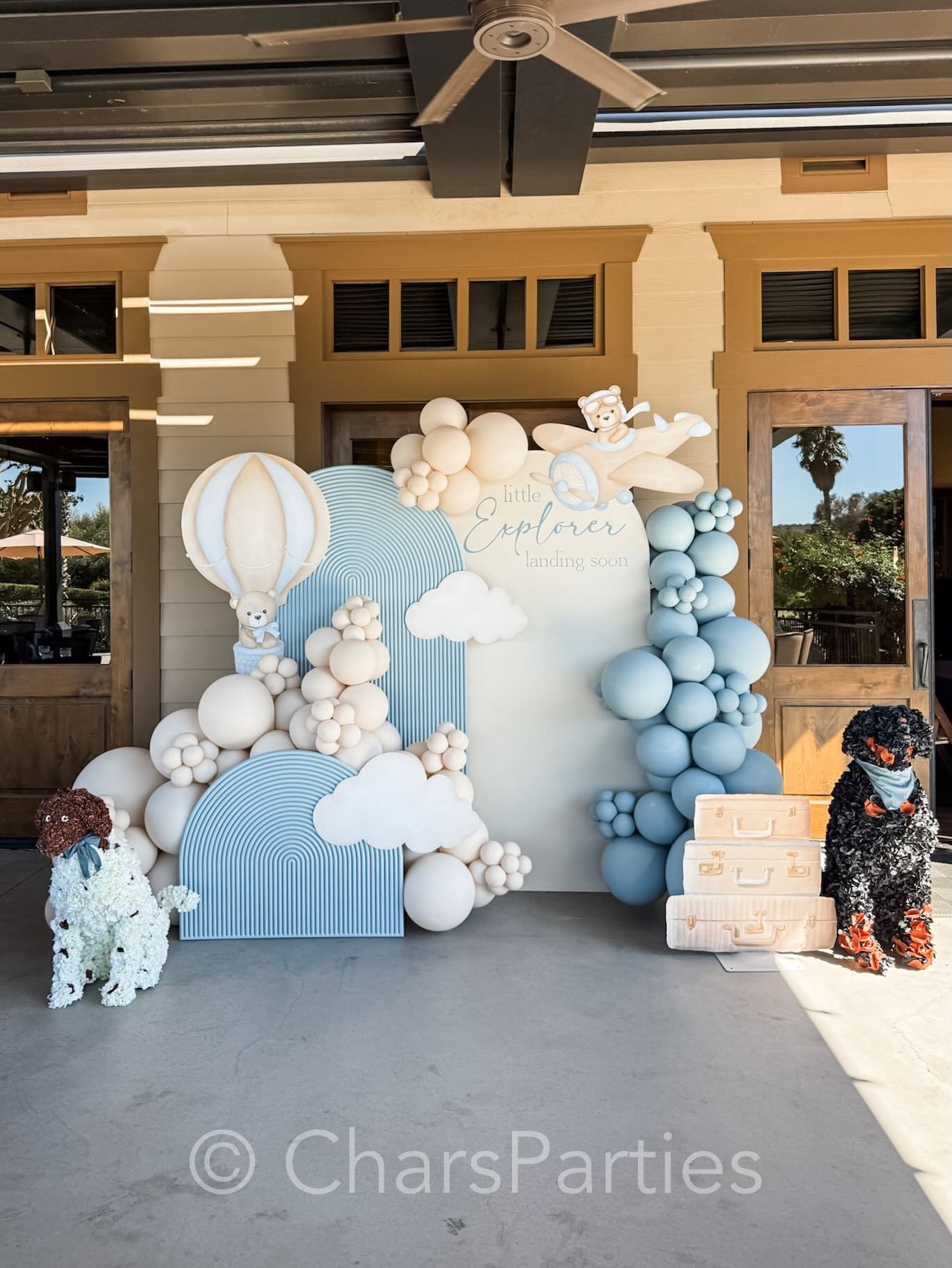 A Little Explorer is Landing Soon 🧸🧳
Soft blue and creamy beige, traveling teddy bears&hellip; we loved creating this adorable baby shower theme! 
.
Design, rentals, and balloon styling @charsparties 
Installation @likehelenoftroy 🙌🏼
.
#babyshowe
