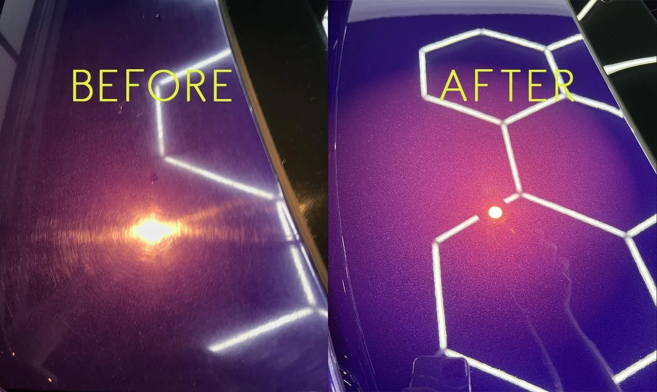 Comparison of a dark purple car hood before and after a paint correction. The 'before' side shows a dull, scratched surface, while the 'after' side features a glossy, smooth finish with a clear reflection.
