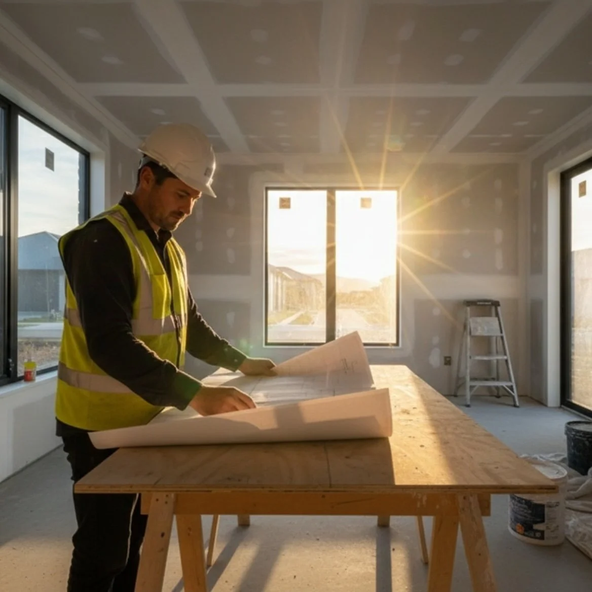 a builder looking at the floor plans for the house inside of a room at sunset.jpg