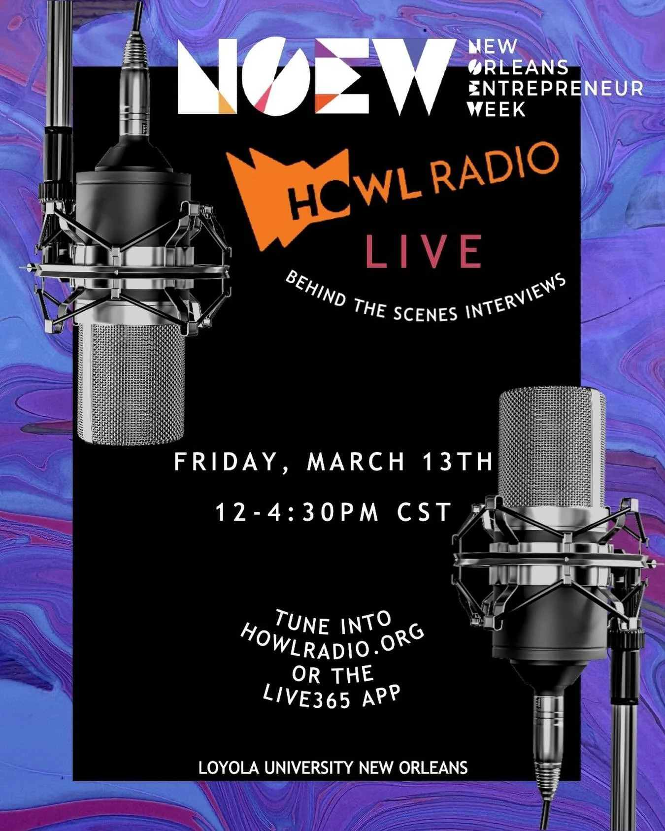 Tune into howlradio.org or the live365 app tomorrow from 12-4:30 for live interviews during NOEW!