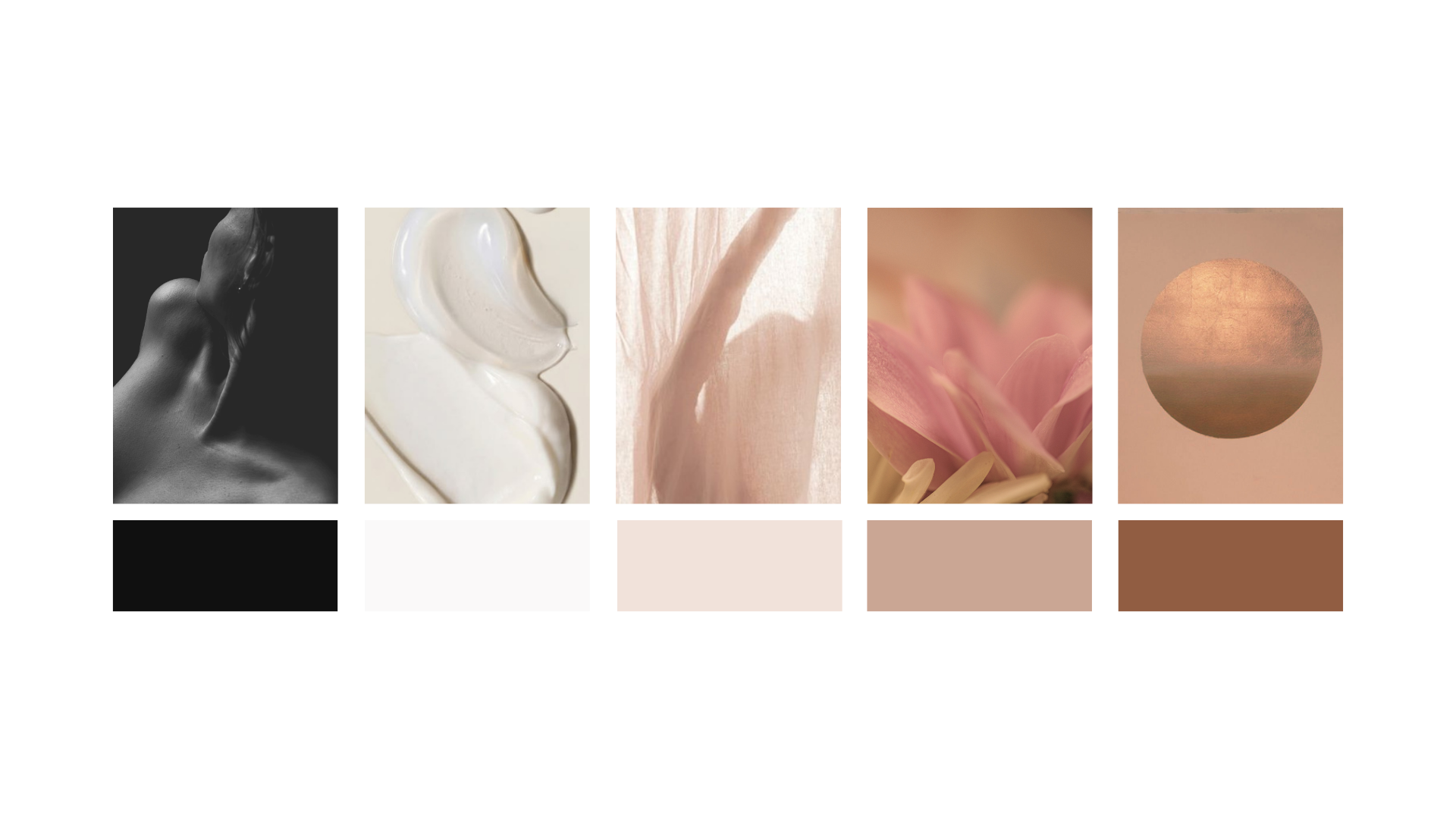 A collage of five images including a black and white photo of a woman's back with her head bowed, a close-up of a white viscous substance, a soft pink flower petal, a pink flower from a distance, and a textured circular shape resembling a sun or moon.