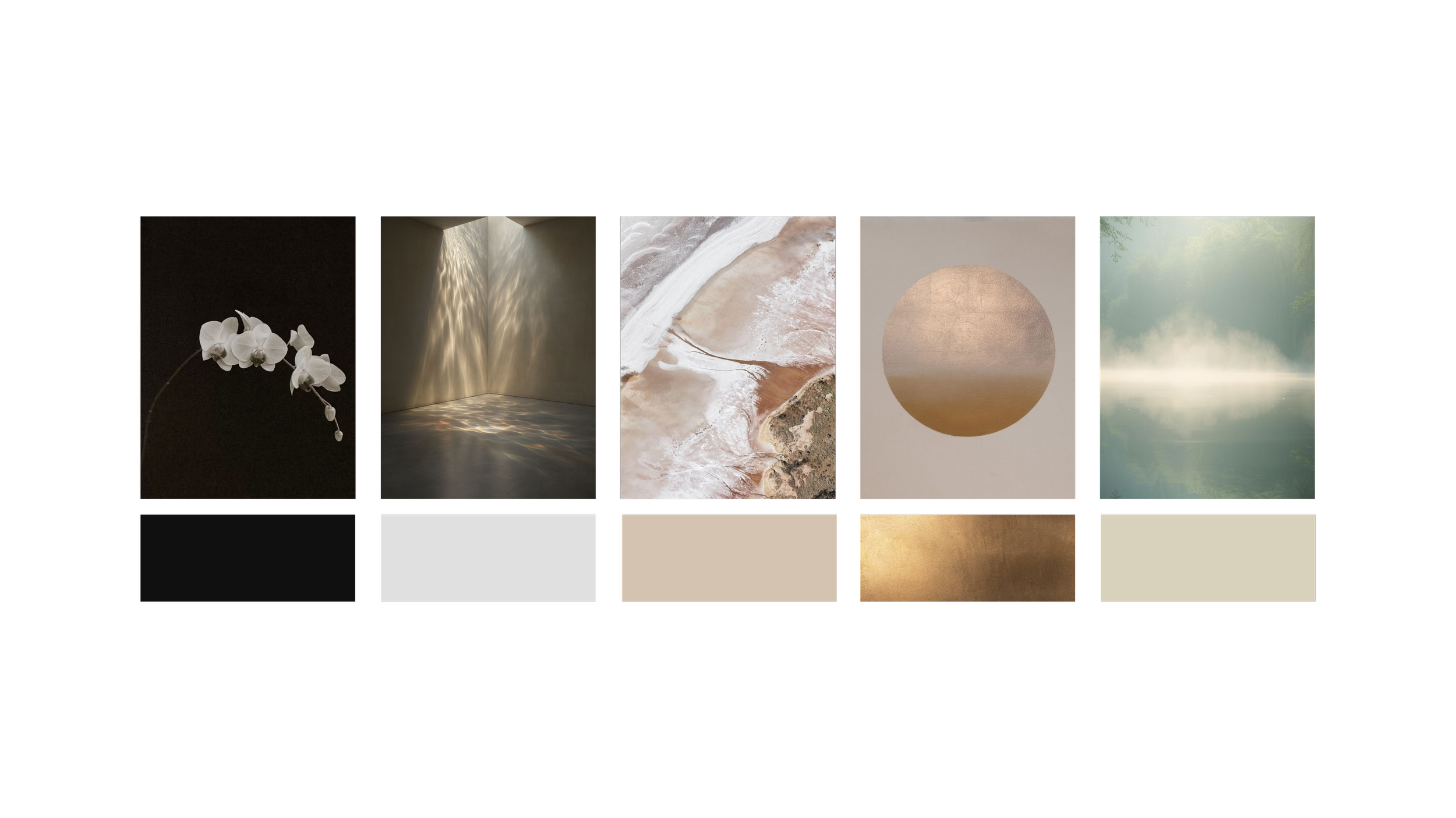 A collage of five abstract photographs featuring natural and minimalistic textures and elements, including a white orchid, water reflections, a marble-like pattern, a circular shape with a gradient, and a misty pond scene with trees.