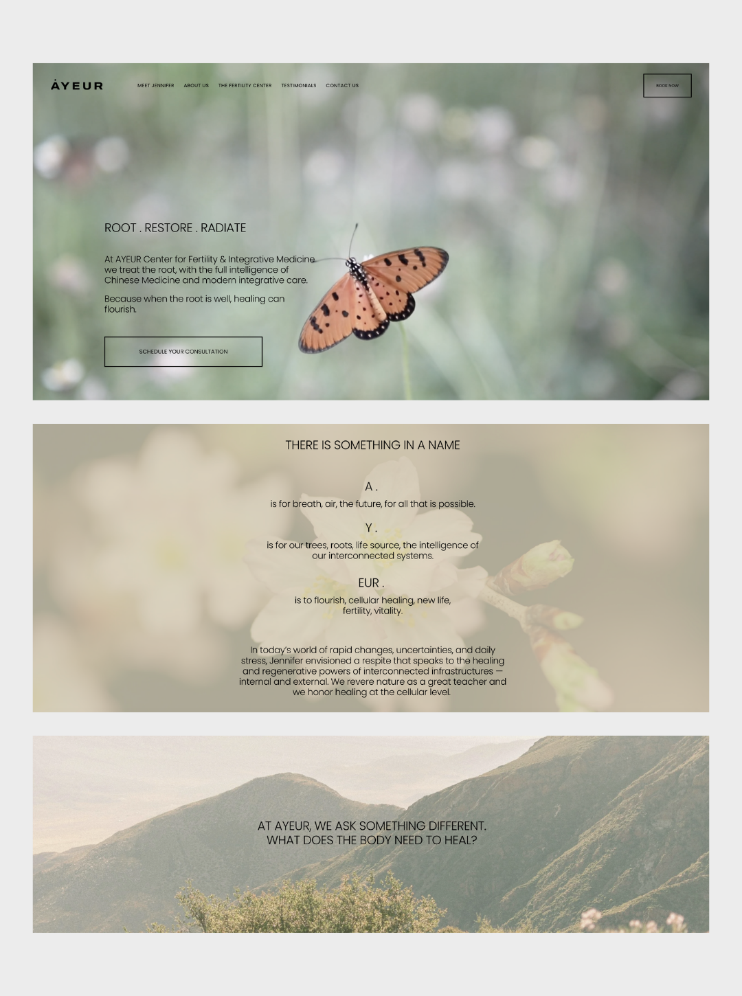 Website homepage with nature-themed photos of a butterfly, a flower branch, and mountains. Contains text about healing, cellular health, and an integrative medicine center.