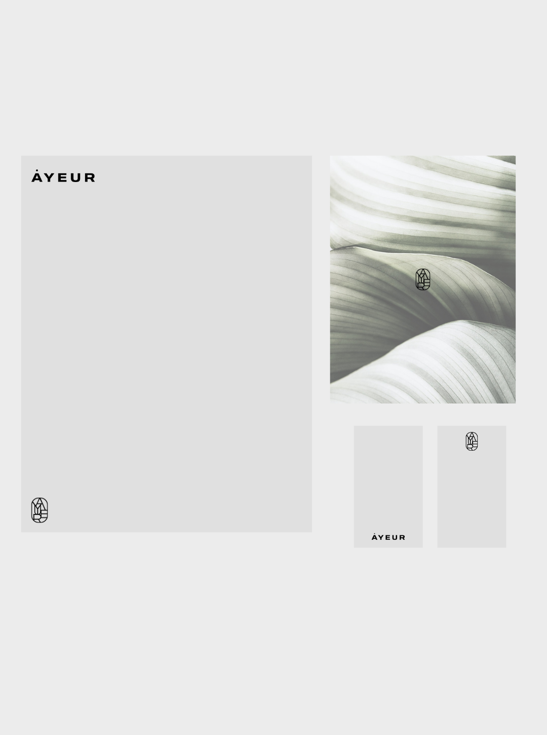 Design layout with abstract plant background, black text 'ÀYEUR', and brand logo in black on various grey backgrounds.