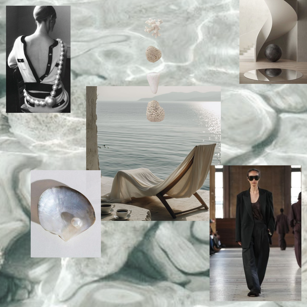 Collage of monochrome and neutral-toned images including fashion models, seashells, a reclining lounge chair by water, abstract sculptures, interior architecture, and pearls.